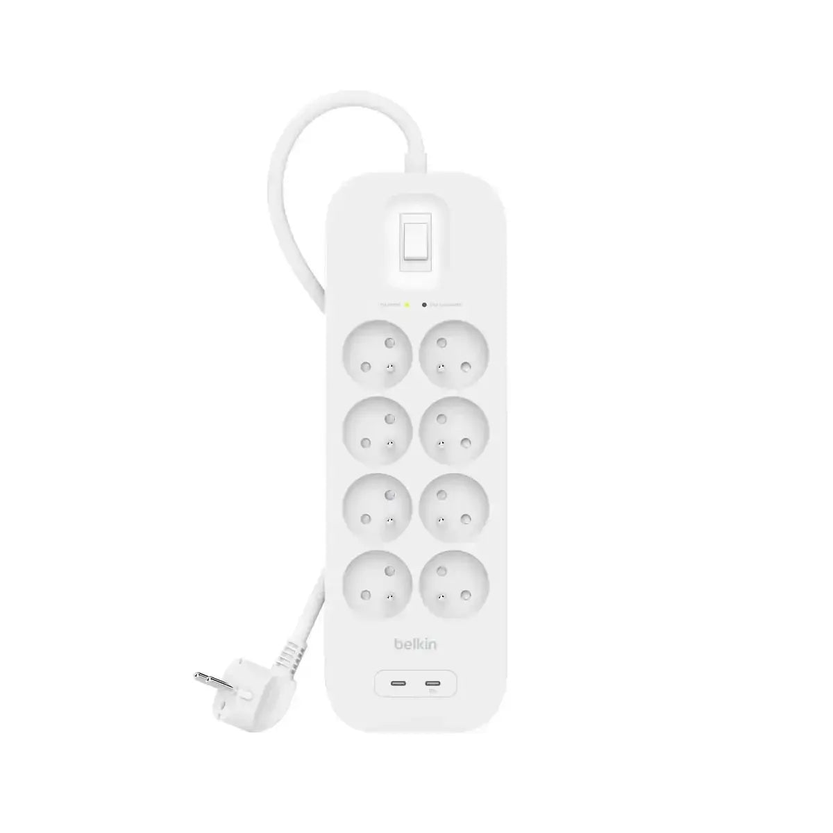 biała listwa zasilająca z ośmioma gniazdami i dwoma portami USB, idealna do home office