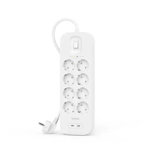 Biała listwa zasilająca Belkin z 8 gniazdami, włącznikiem i dwoma portami USB-C 30W