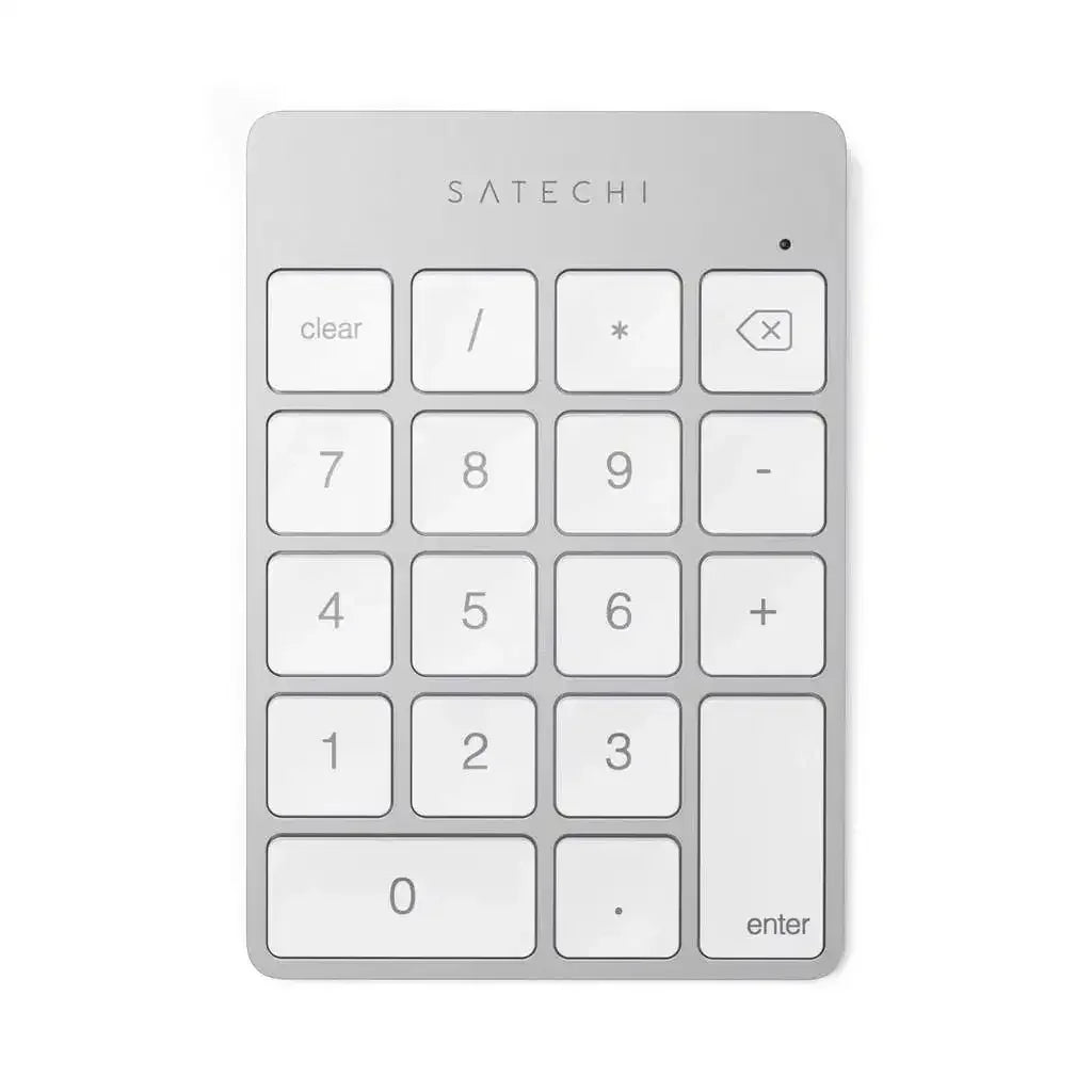 Srebrny bezprzewodowy aluminiowy keypad numeryczny Bluetooth, minimalistyczny design