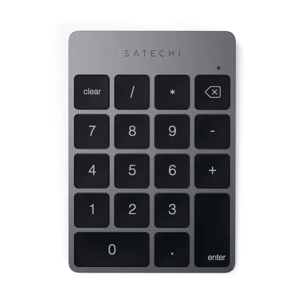 Numericzna klawiatura Bluetooth w kolorze szarym, smukła, aluminiowa, z czarnymi klawiszami.