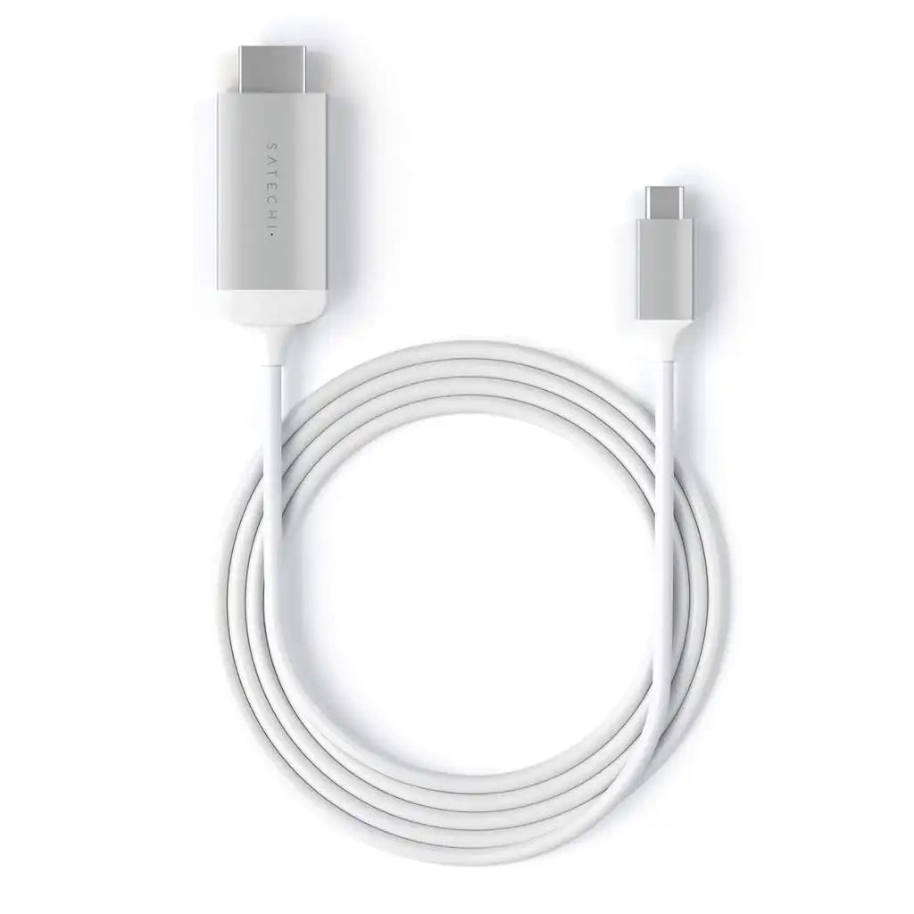 Biały kabel Satechi aluminiowy USB-C do HDMI 4K 60Hz, widok z góry na białym tle