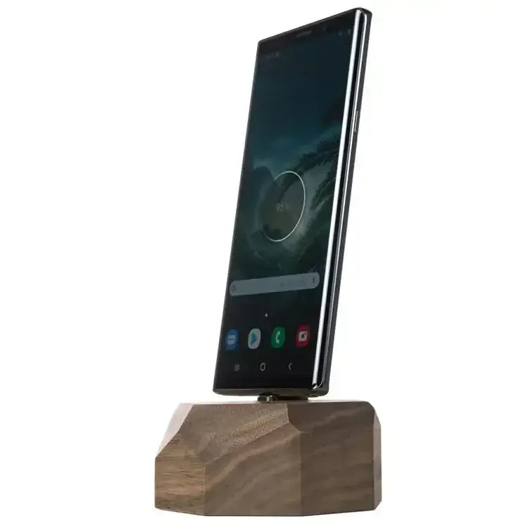 Drewniany stojak na telefon do biura, ładowarka USB, nowoczesny desk setup