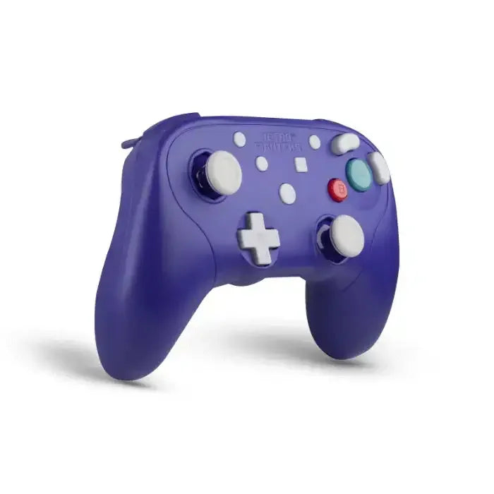 fioletowy gamepad bezprzewodowy z białymi przyciskami, akcesoria do gier
