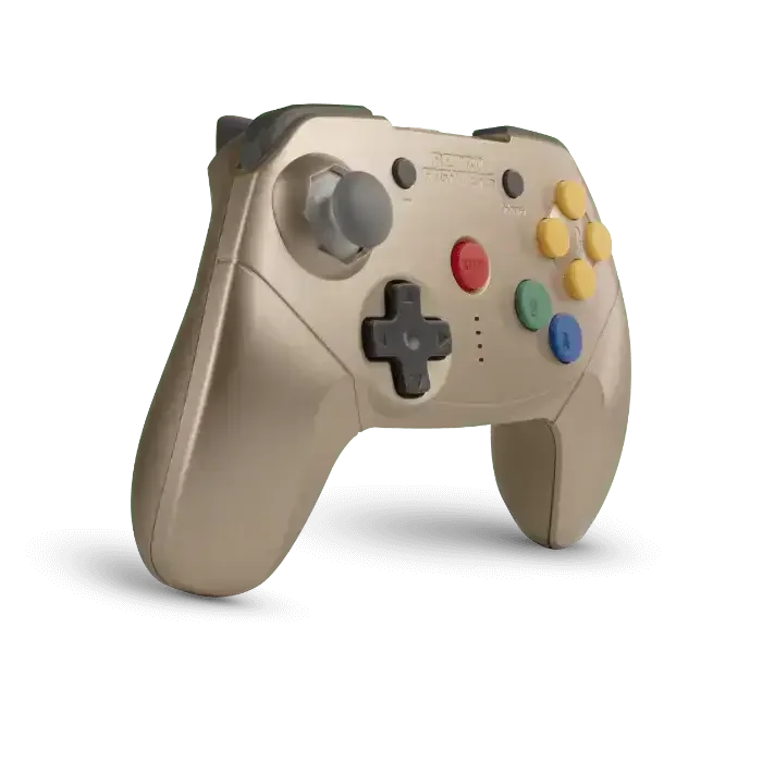 złoty bezprzewodowy gamepad retro z kolorowymi przyciskami, kontroler do gier