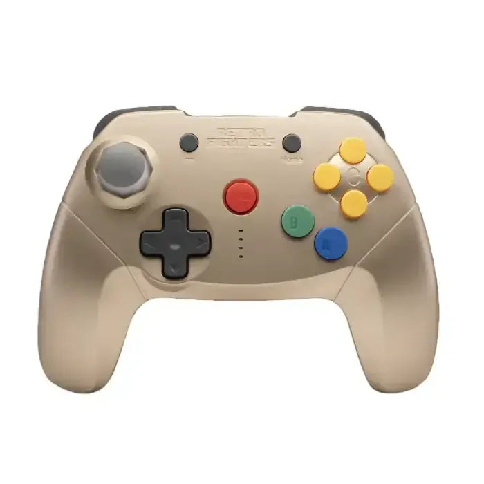 Bezprzewodowy gamepad w kolorze złotym z przyciskami gamingowymi, widok z przodu