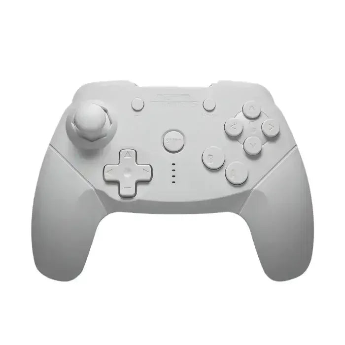 Biały bezprzewodowy gamepad do gier z przyciskami i joystickiem, widok z przodu