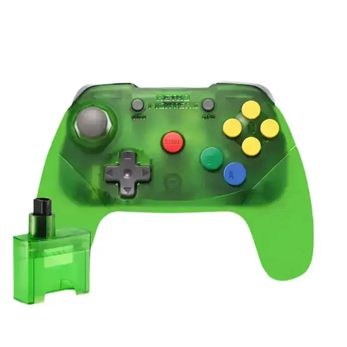Zielony bezprzewodowy kontroler do gier z adapterem USB, styl retro, przyciski kolorowe.
