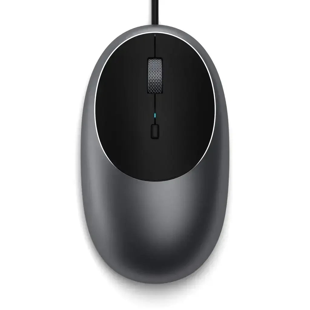 Przewodowa mysz USB-C w kolorze space gray, minimalistyczny design, akcesorium biurowe