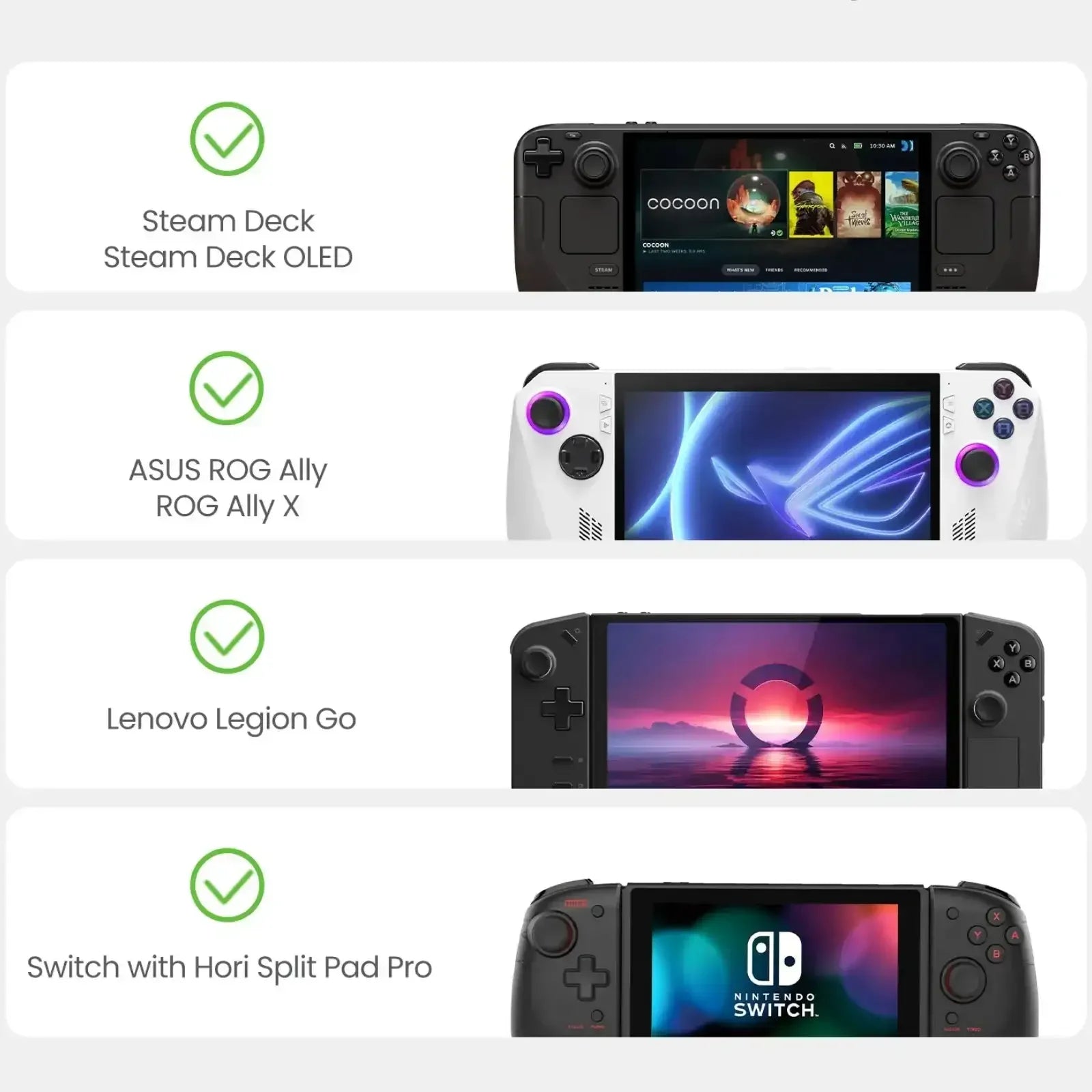 Porównanie konsol przenośnych: Steam Deck, ASUS ROG Ally, Lenovo Legion Go, Nintendo Switch z Hori Split Pad Pro.