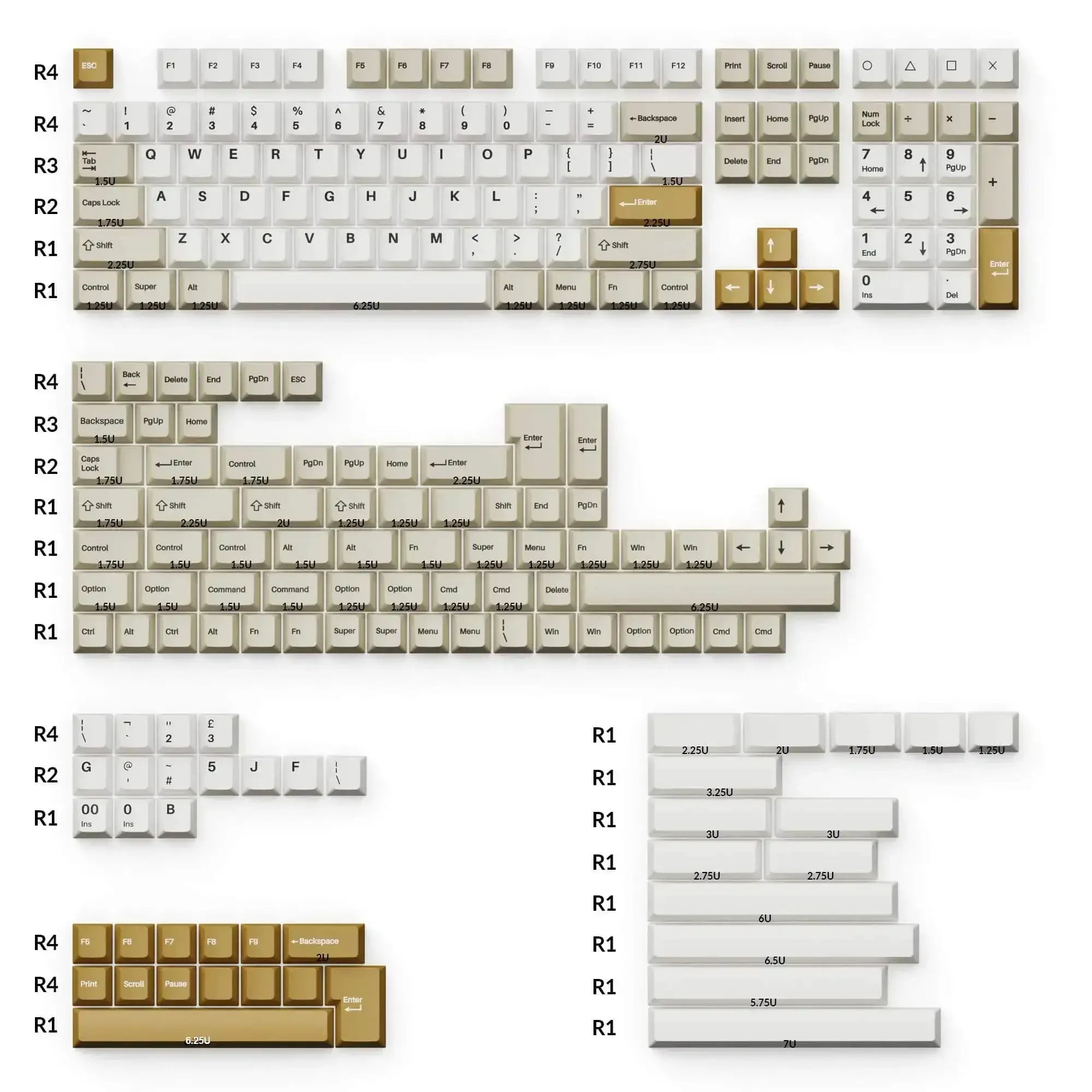 Zestaw keycapsów PBT cherry profile, kolory camel i biały, różne rozmiary i wysokości klawiszy.
