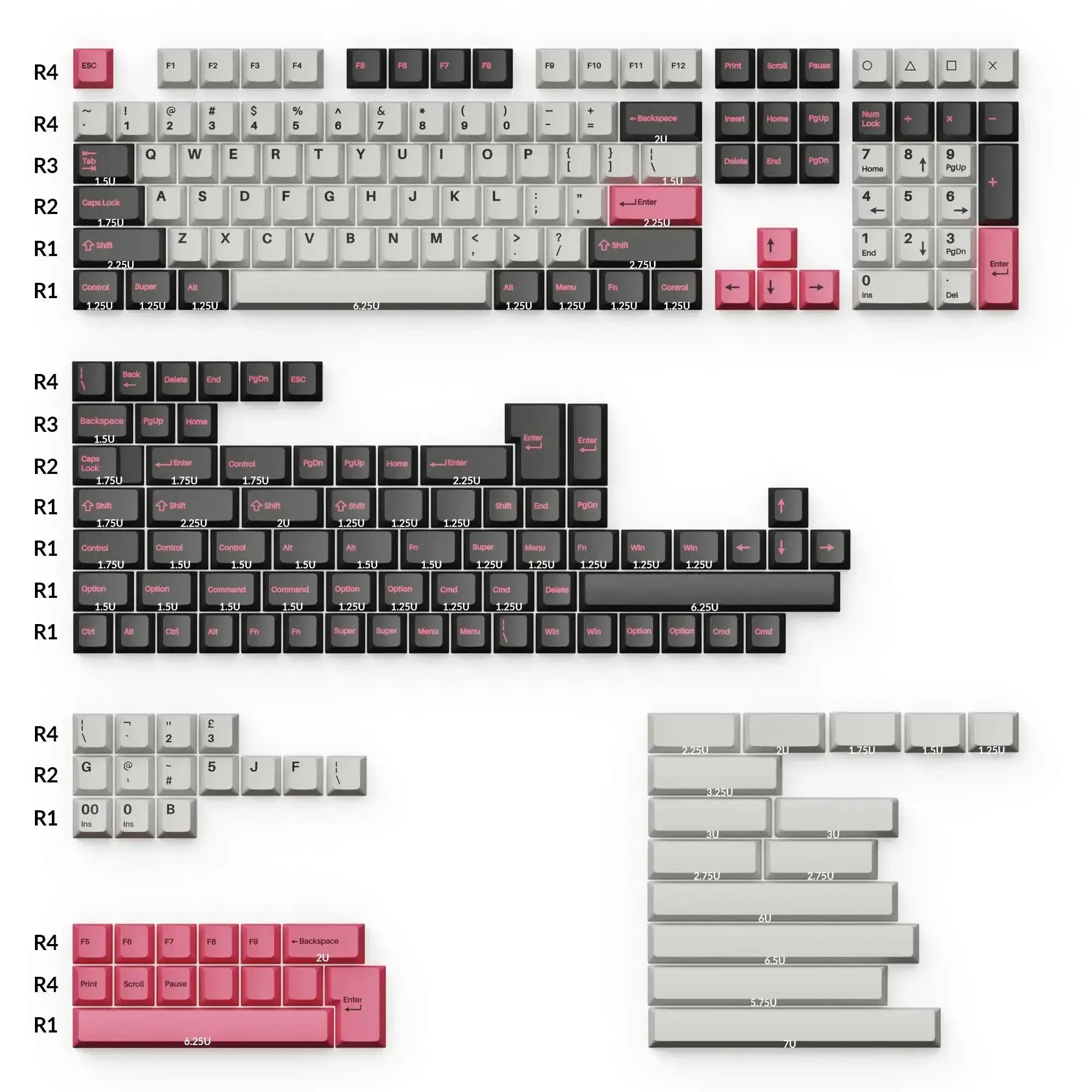 Zestaw keycapów PBT Cherry Profile, różowo-szare, układ klawiszy do klawiatury mechanicznej