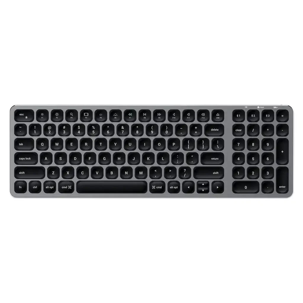 Kompaktowa czarna klawiatura bezprzewodowa Bluetooth z podświetleniem, układ QWERTY, idealna do biura.