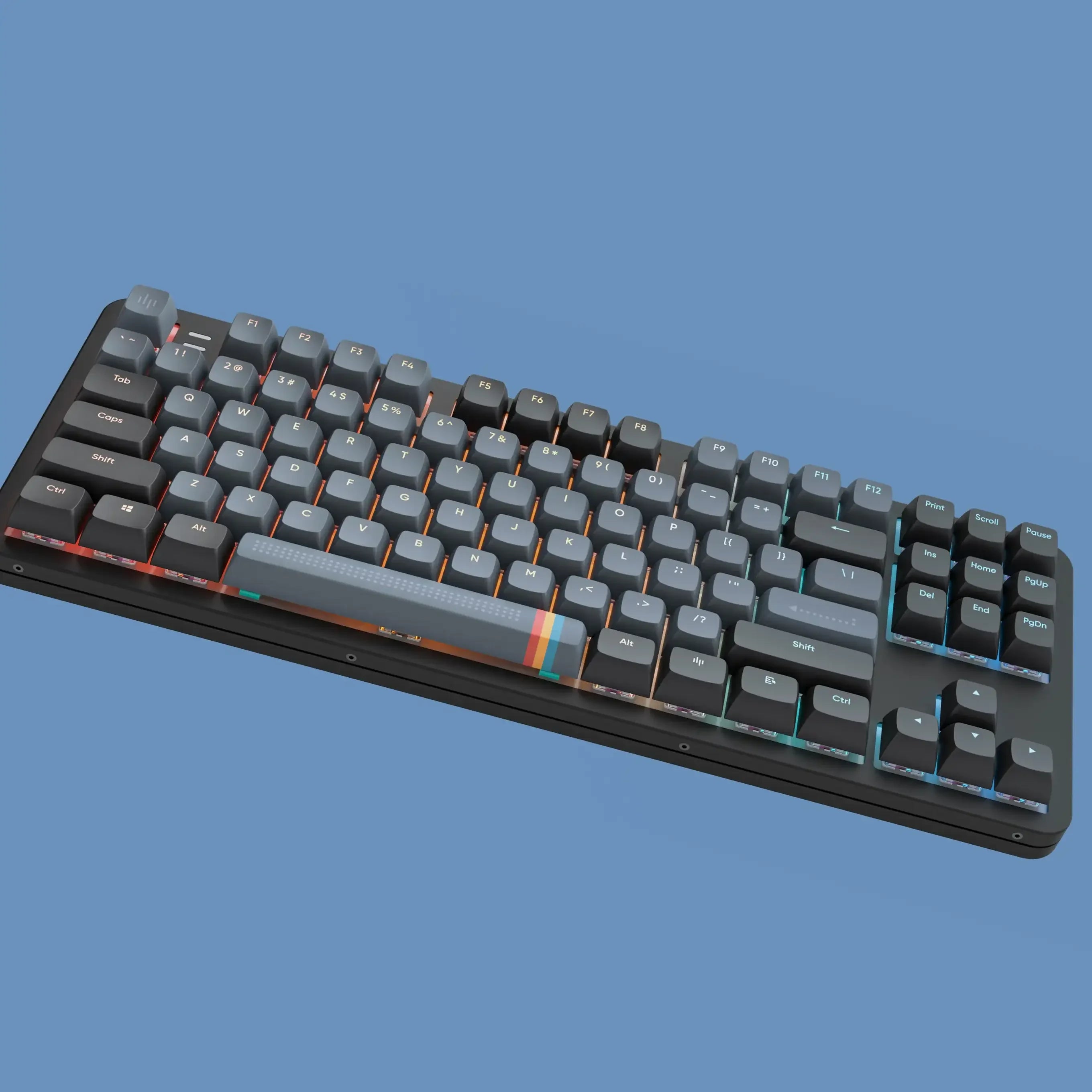 Czarna klawiatura mechaniczna z podświetleniem RGB i ciemnoszarymi keycapami na niebieskim tle.