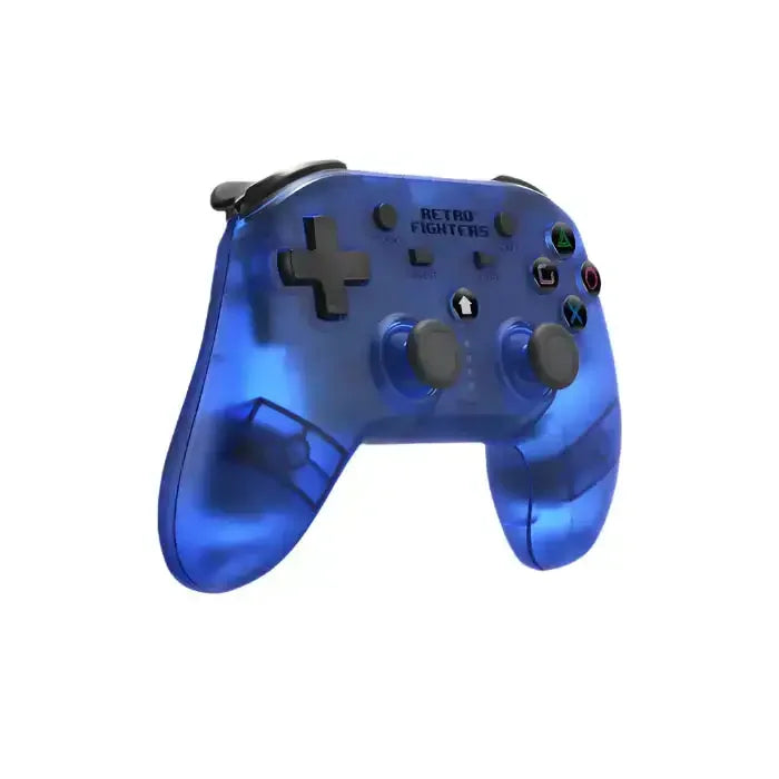 Niebieski, przezroczysty bezprzewodowy gamepad z przyciskami i gałkami analogowymi.