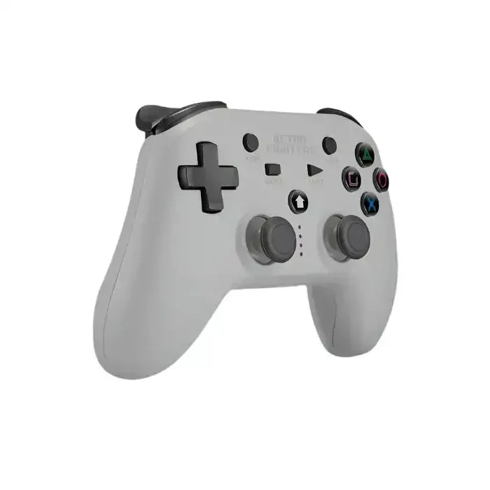Biały bezprzewodowy gamepad z dwoma analogami i kolorowymi przyciskami do gier na biurko