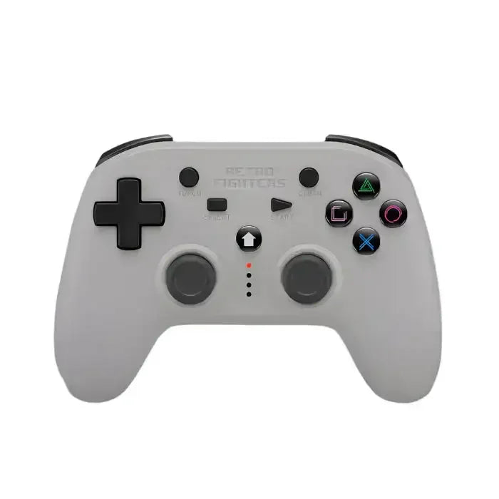 Biały bezprzewodowy gamepad do gier retro, widok z przodu na białym tle