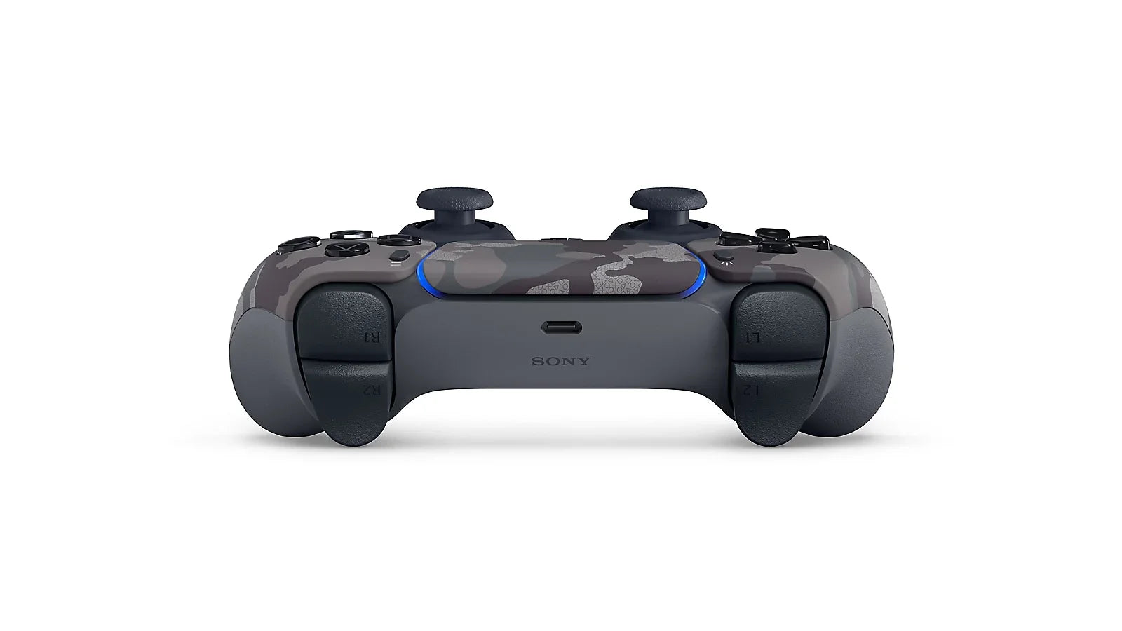 Czarny kontroler PlayStation z kamuflażem i niebieskim podświetleniem, idealny do gier i rozrywki