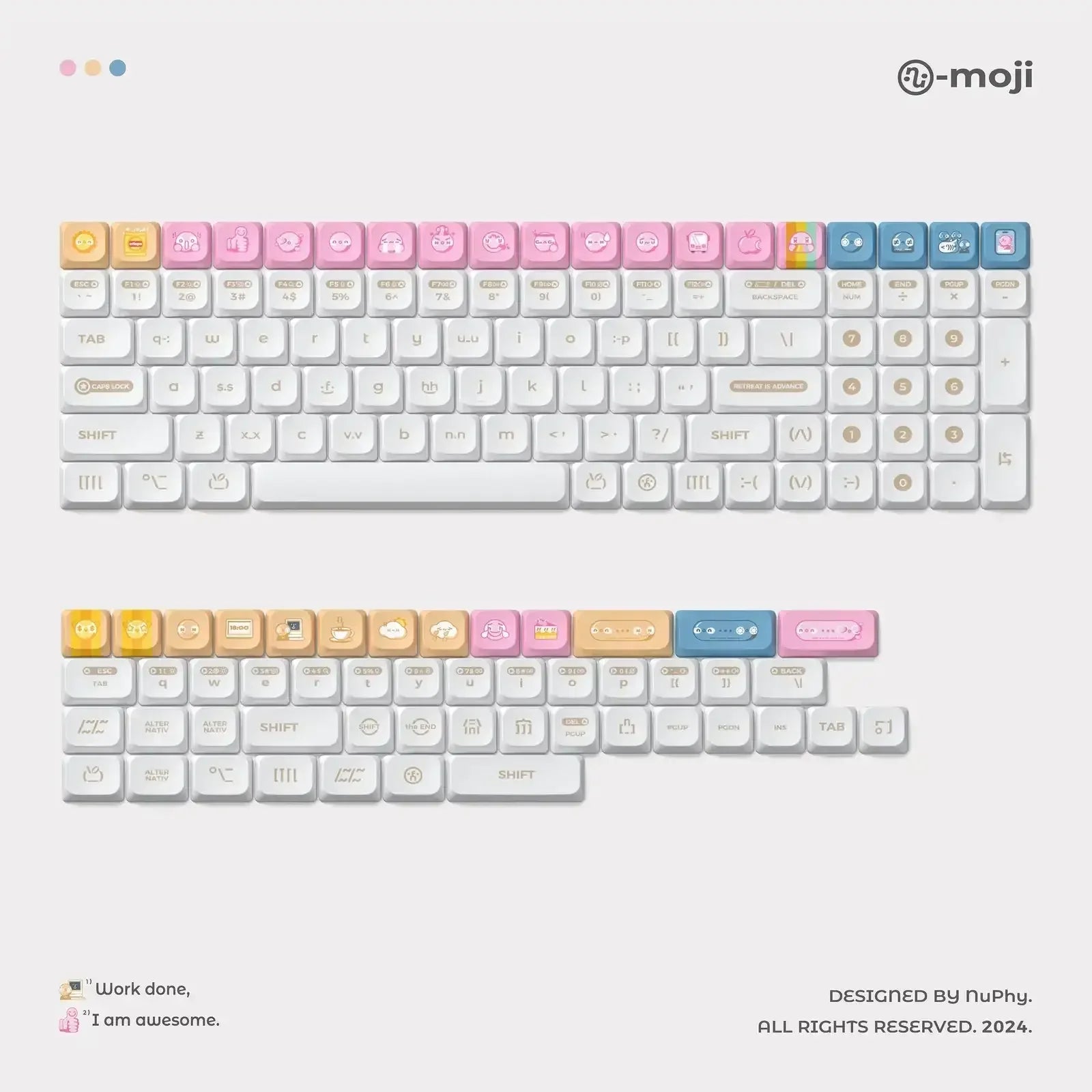 Zestaw białych keycapów do klawiatury mechanicznej z kolorowymi, ozdobnymi klawiszami emoji, idealny do personalizacji desk setupu.