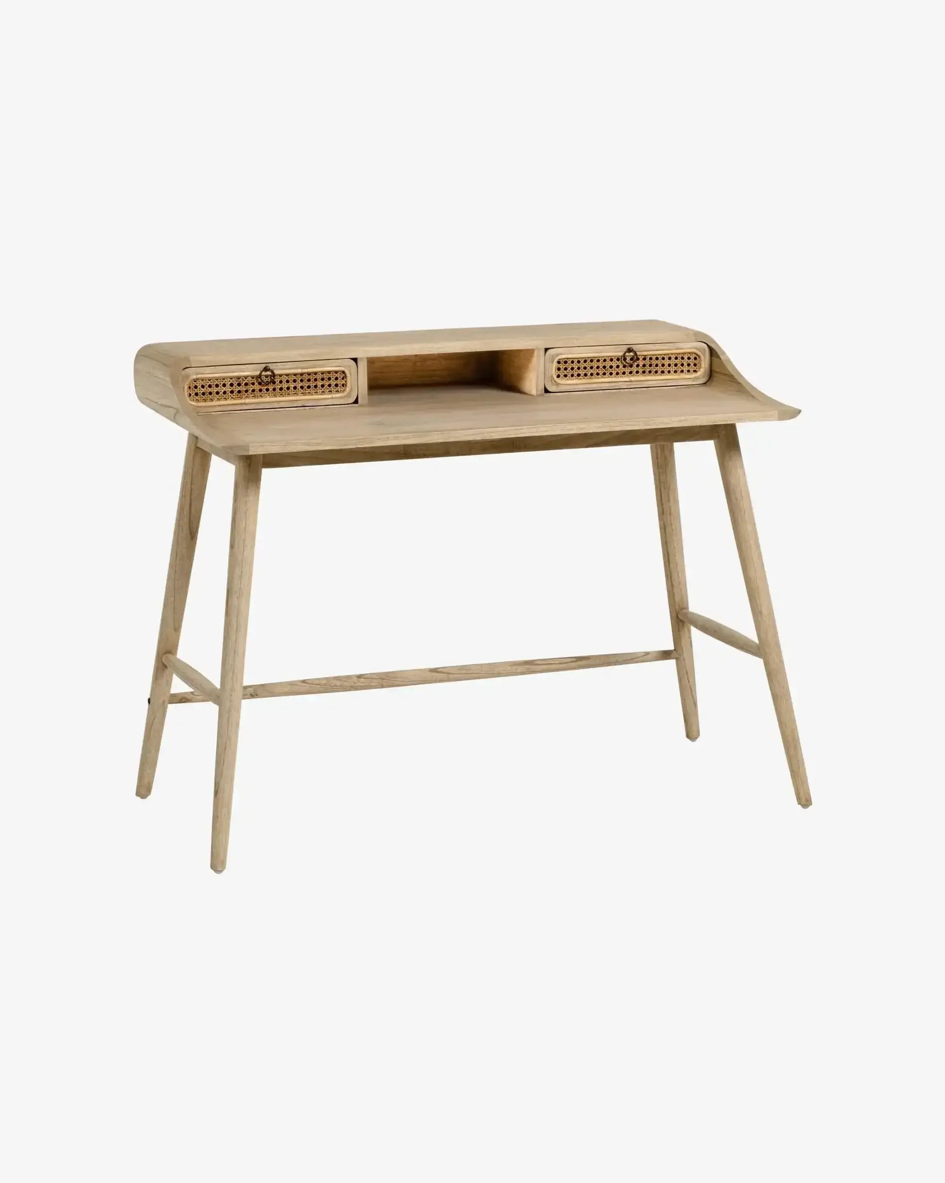 drewniane biurko do home office, dwa schowki z plecionką, minimalistyczny design