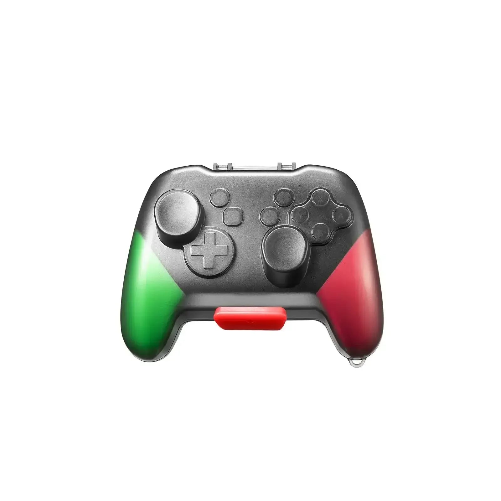 Czarny gamepad z zielonym i czerwonym akcentem, kontroler do gier na białym tle