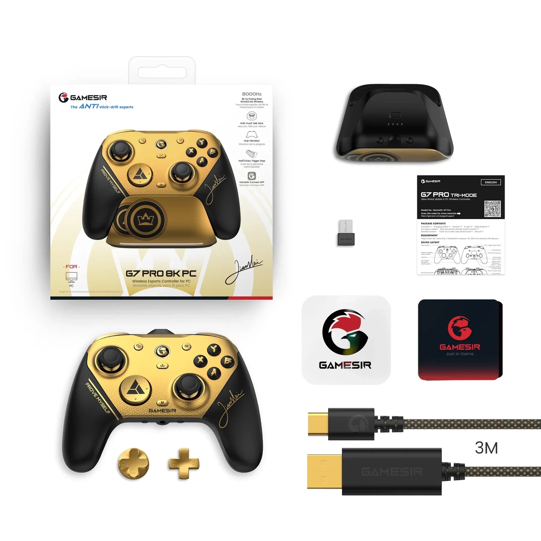 Złoto-czarny kontroler Gamesir G7 Pro 8K PC z akcesoriami, idealny dla graczy i esportu