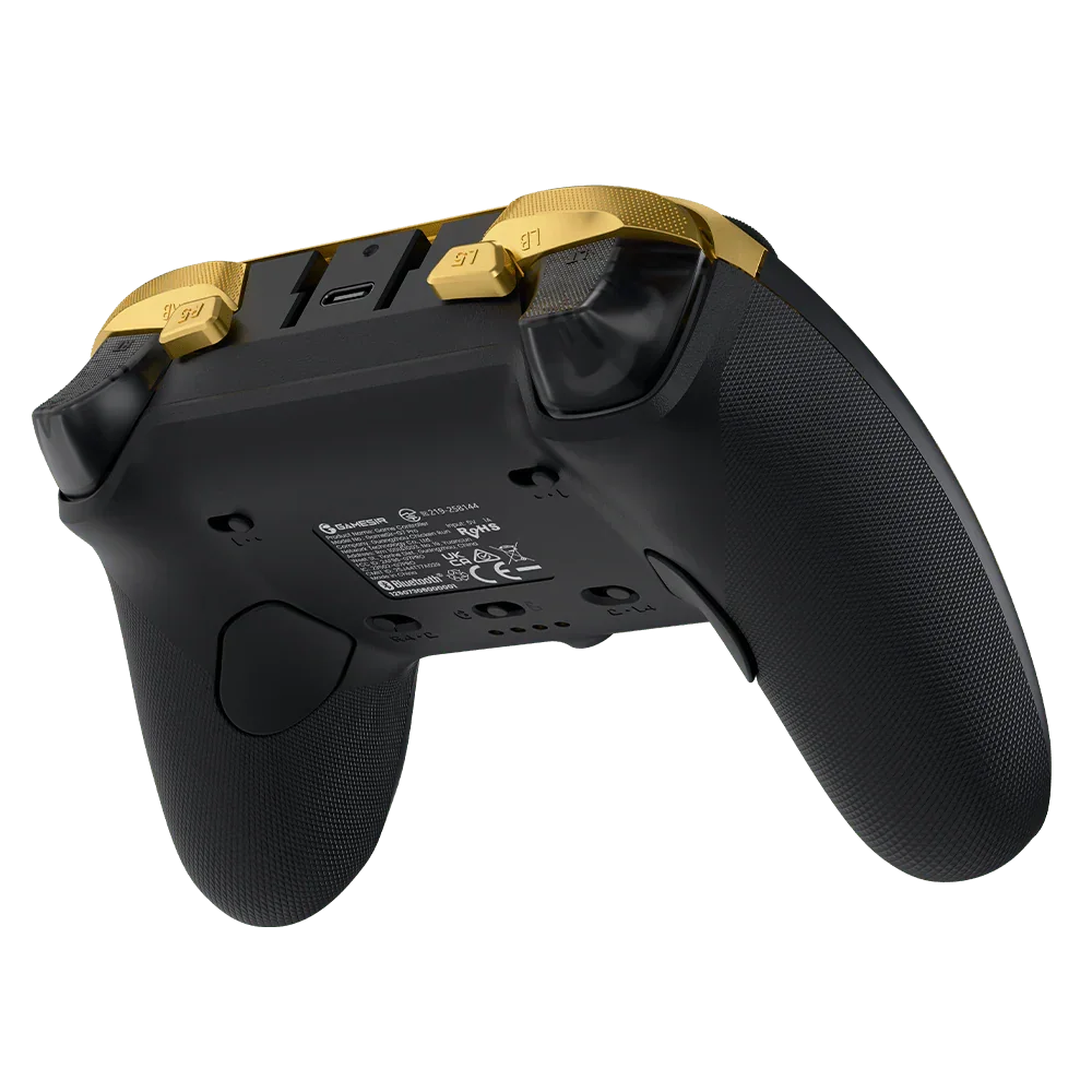 Czarny gamepad z złotymi przyciskami, ergonomiczny design do komfortowej gry