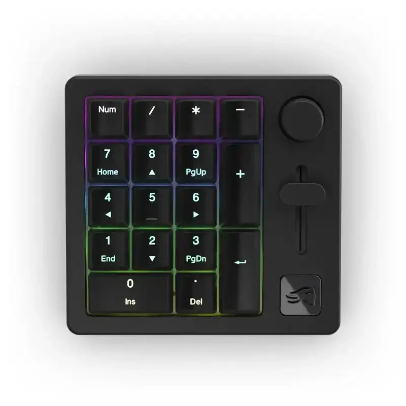 Czarna mechaniczna klawiatura numeryczna z podświetleniem RGB, pokrętłem i suwakiem