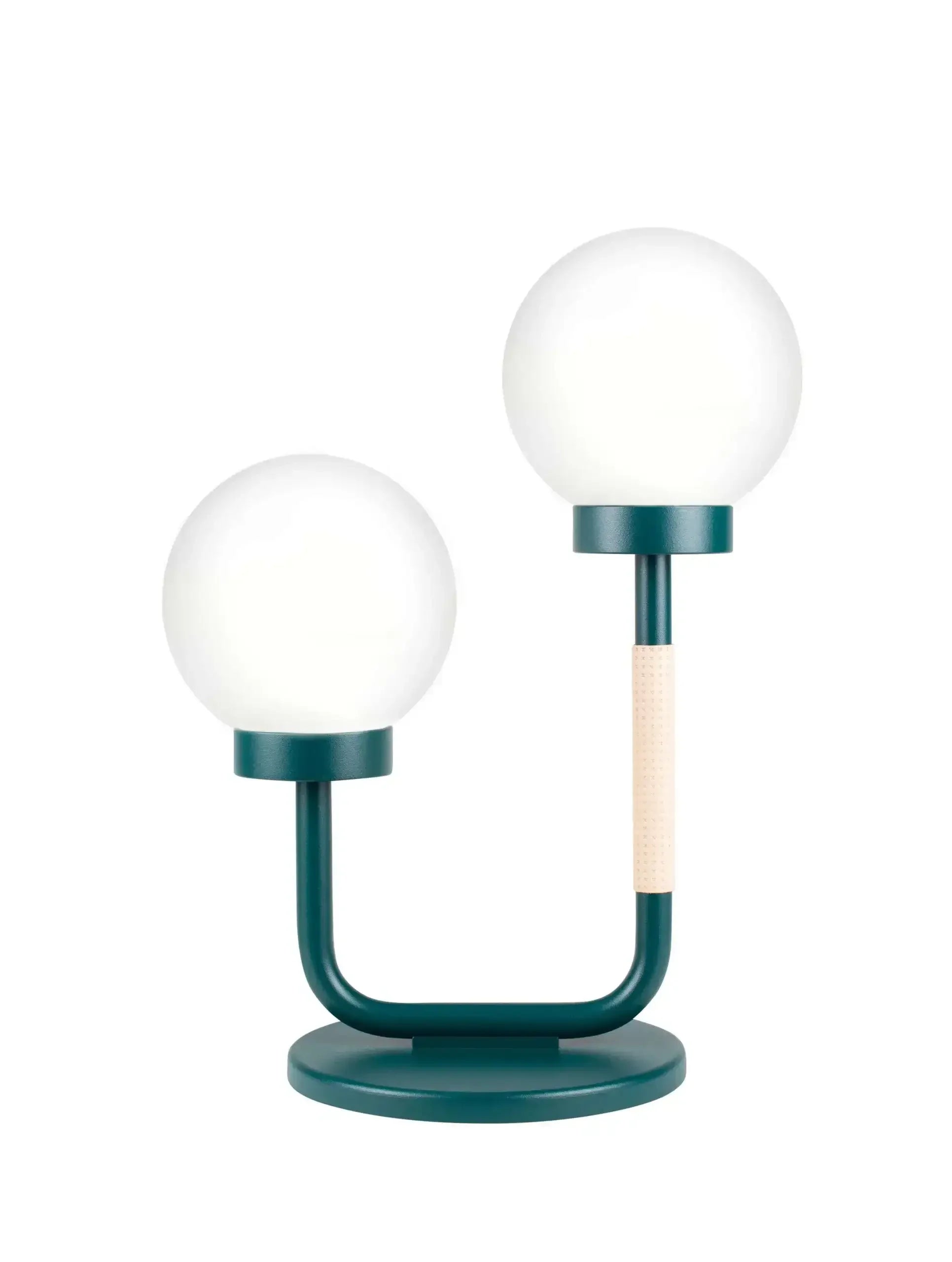 Nowoczesna zielona lampa biurkowa z dwoma okrągłymi kloszami, idealna do home office