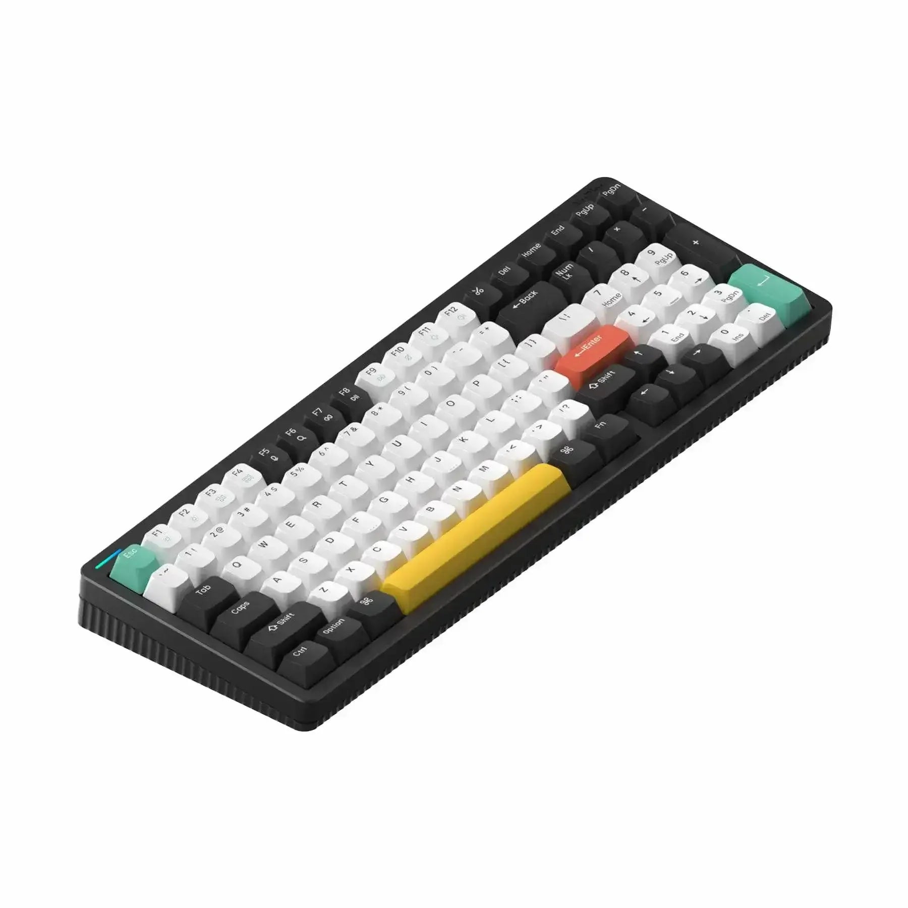 Klawiatura mechaniczna z kolorowymi keycapami na białym tle, idealna do biura
