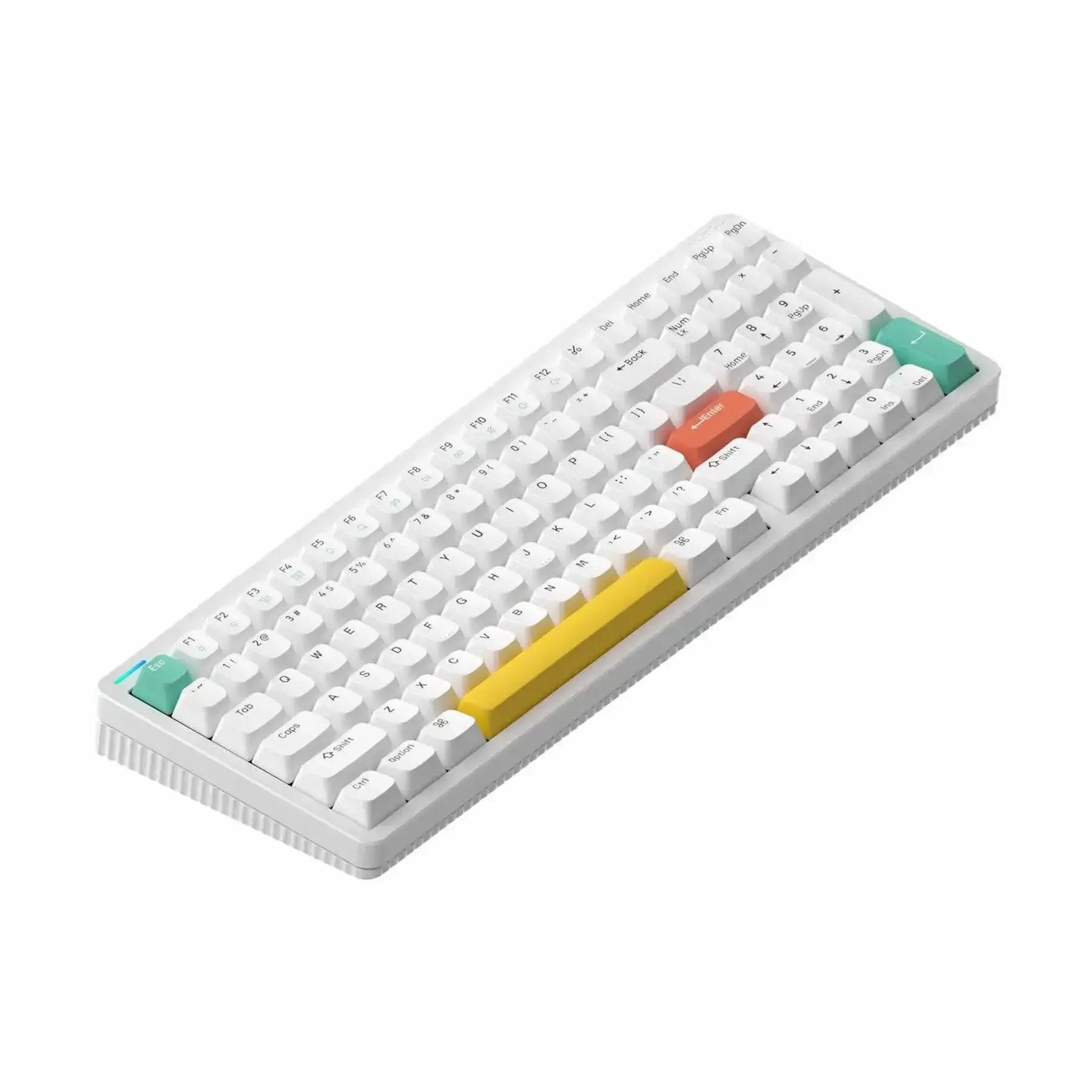 Klawiatura mechaniczna z białymi klawiszami i kolorowymi keycapami na minimalistycznym tle