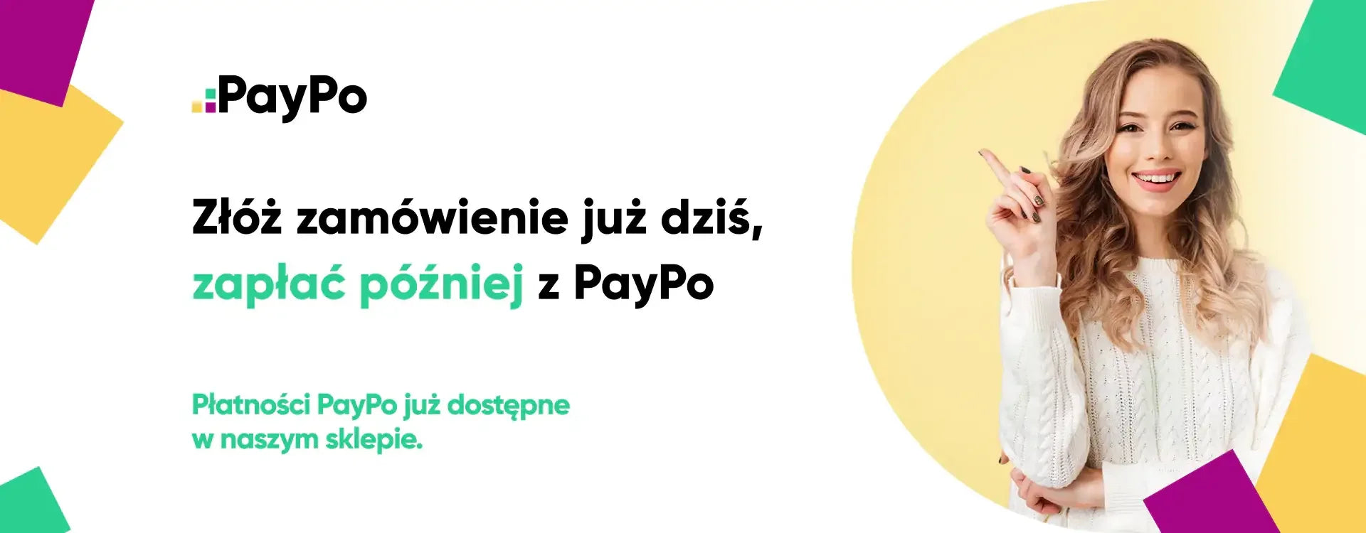 Baner PayPo zapłać później, kobieta uśmiechnięta, nowa metoda płatności online