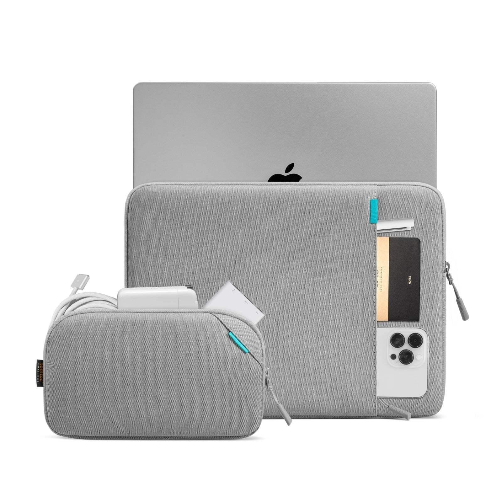 Szara torba na laptopa z kieszenią na akcesoria biurowe i smartfona, minimalistyczny design