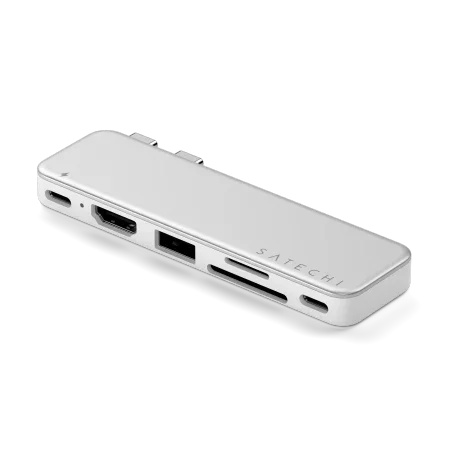 Srebrny adapter USB-C z wieloma portami, idealny do home office i desk setupu