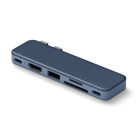 Niebieski hub USB z portami HDMI, SD i USB-C dla biurka home office