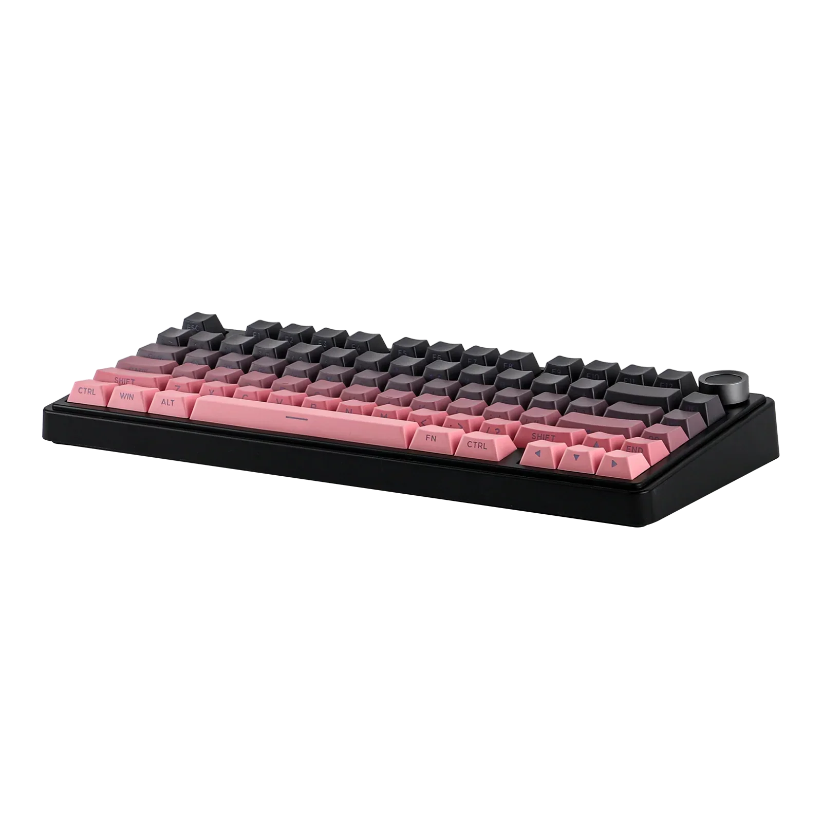 Mechaniczna klawiatura z różowymi i czarnymi keycapami, idealna do home office i personalizacji desk setupu