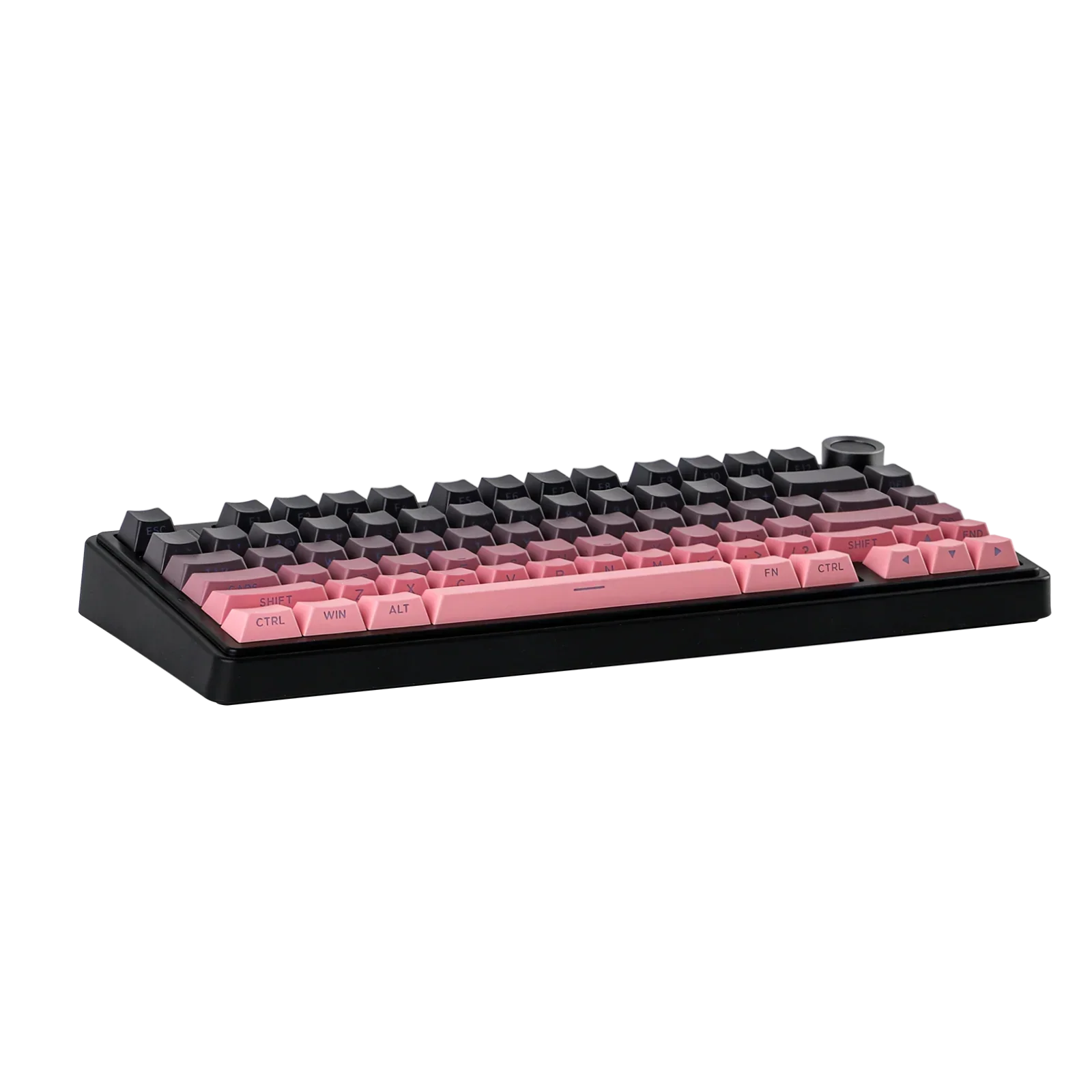 Mechaniczna klawiatura z różowymi i czarnymi keycapami, idealna do home office i personalizacji desk setupu.