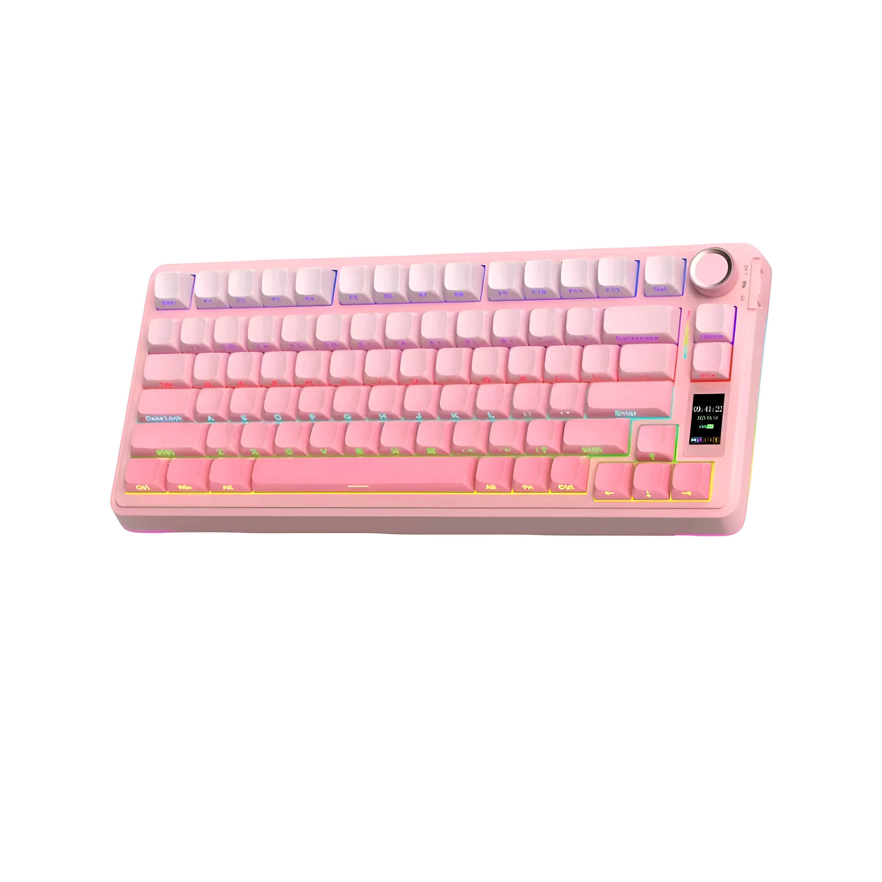 Różowa klawiatura mechaniczna z RGB, ekranem i przyciskiem, idealna do home office i personalizacji desk setupu
