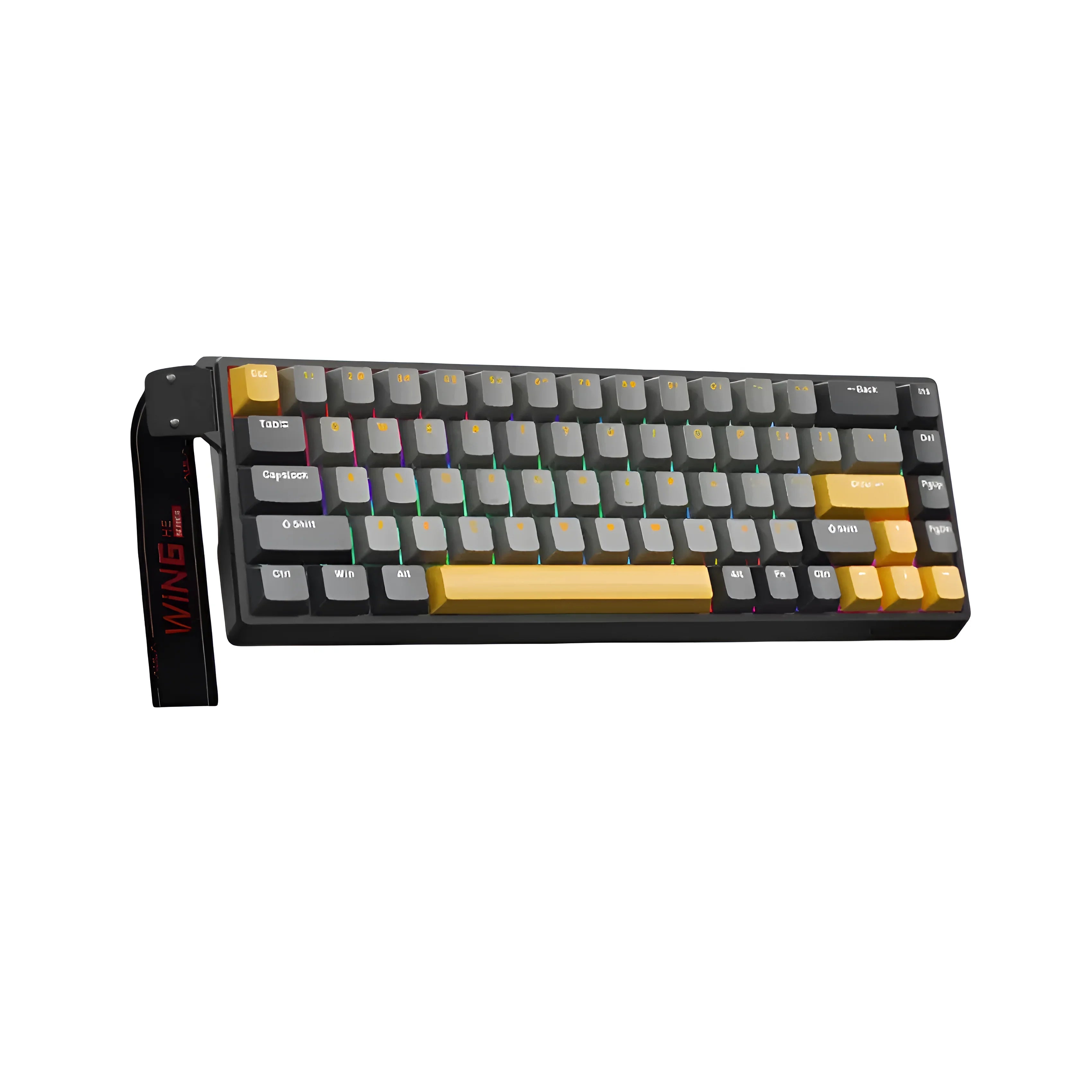 Mechaniczna klawiatura z żółtymi klawiszami i RGB, idealna do home office i personalizacji desk setupu