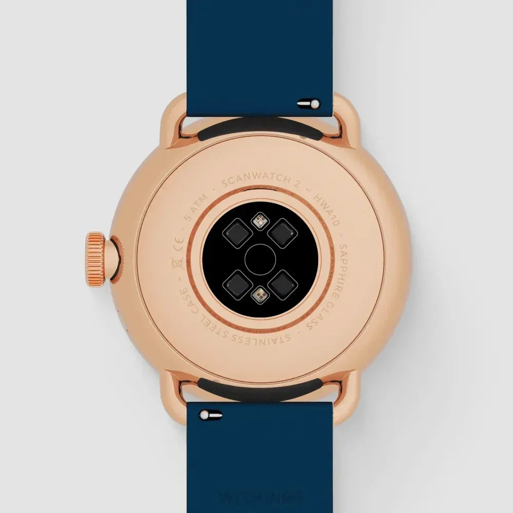 Złoty zegarek Withings ScanWatch 2 z niebieskim paskiem, tył z czujnikami i szafirem