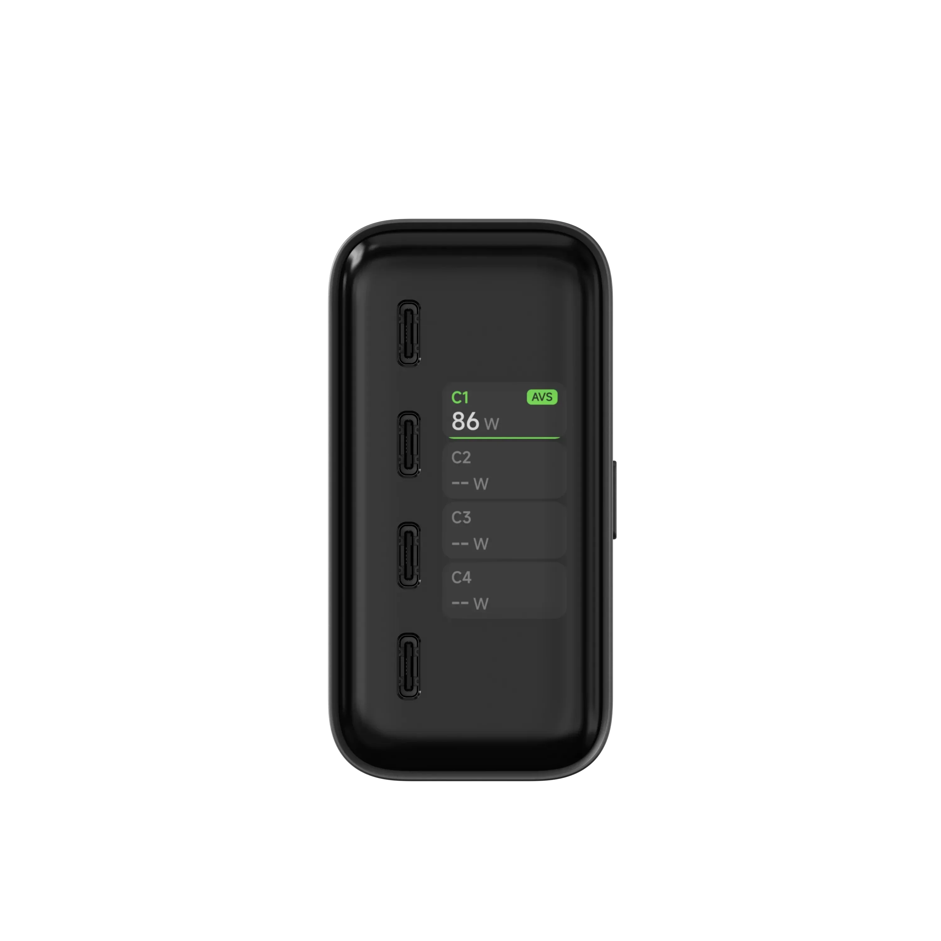 Czarna ładowarka USB-C z wyświetlaczem mocy 86W, idealna do Home Office i desk setupu.