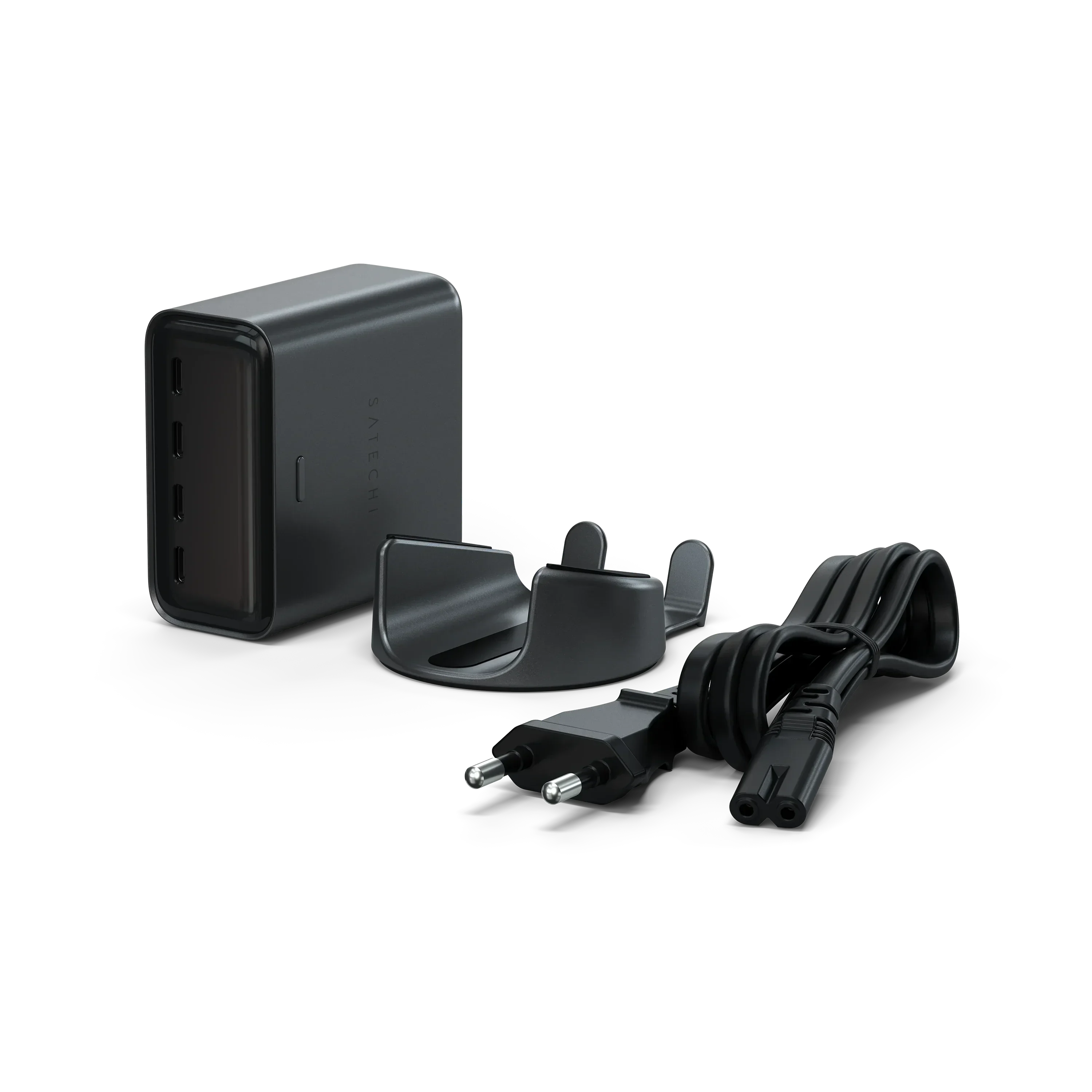 Czarna ładowarka USB-C z wieloma portami, kabel i uchwyt do biurka – idealna dla Home Office