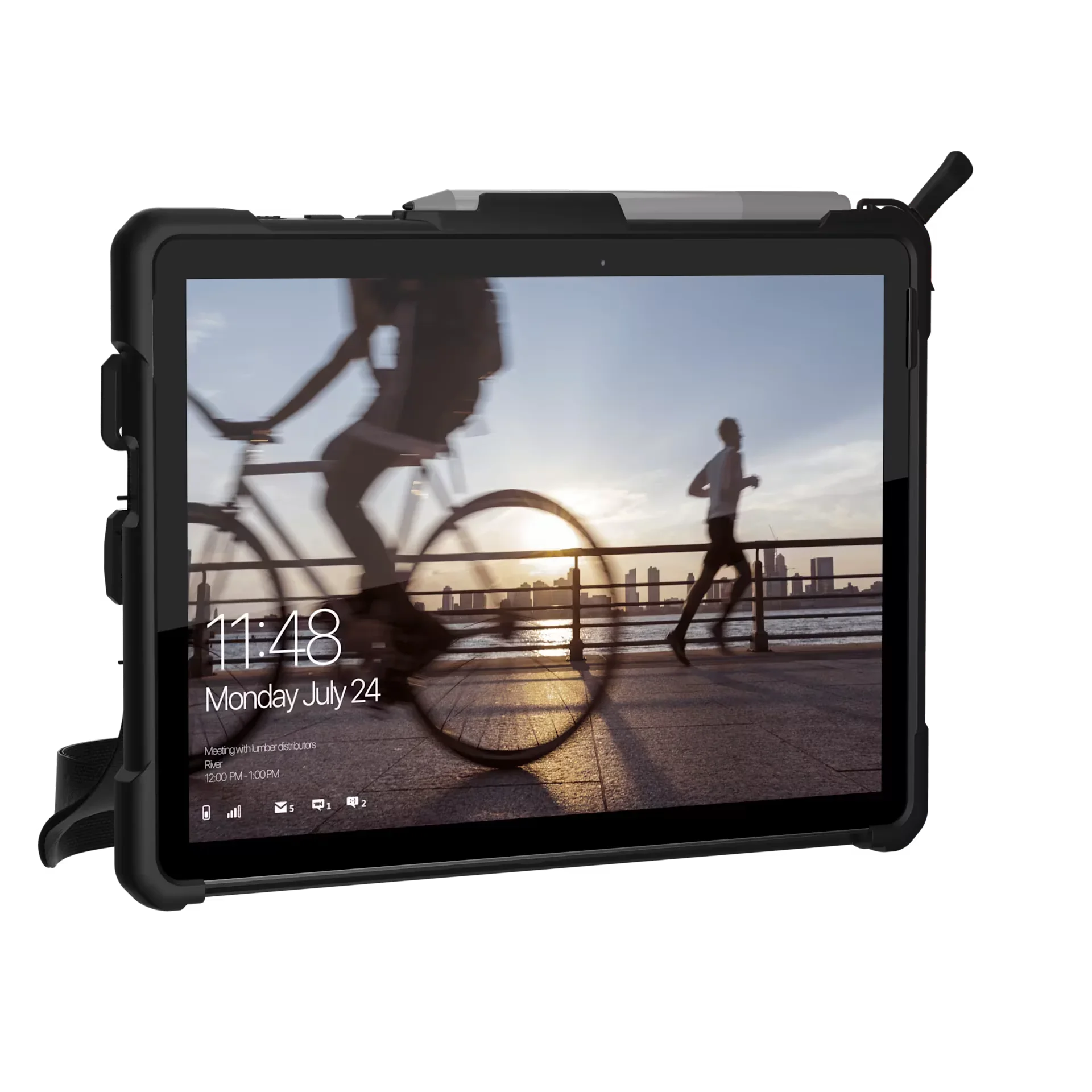 Tablet w odpornym etui z uchwytem, idealny do Home Office i pracy mobilnej, z widokiem na ekran z harmonogramem.