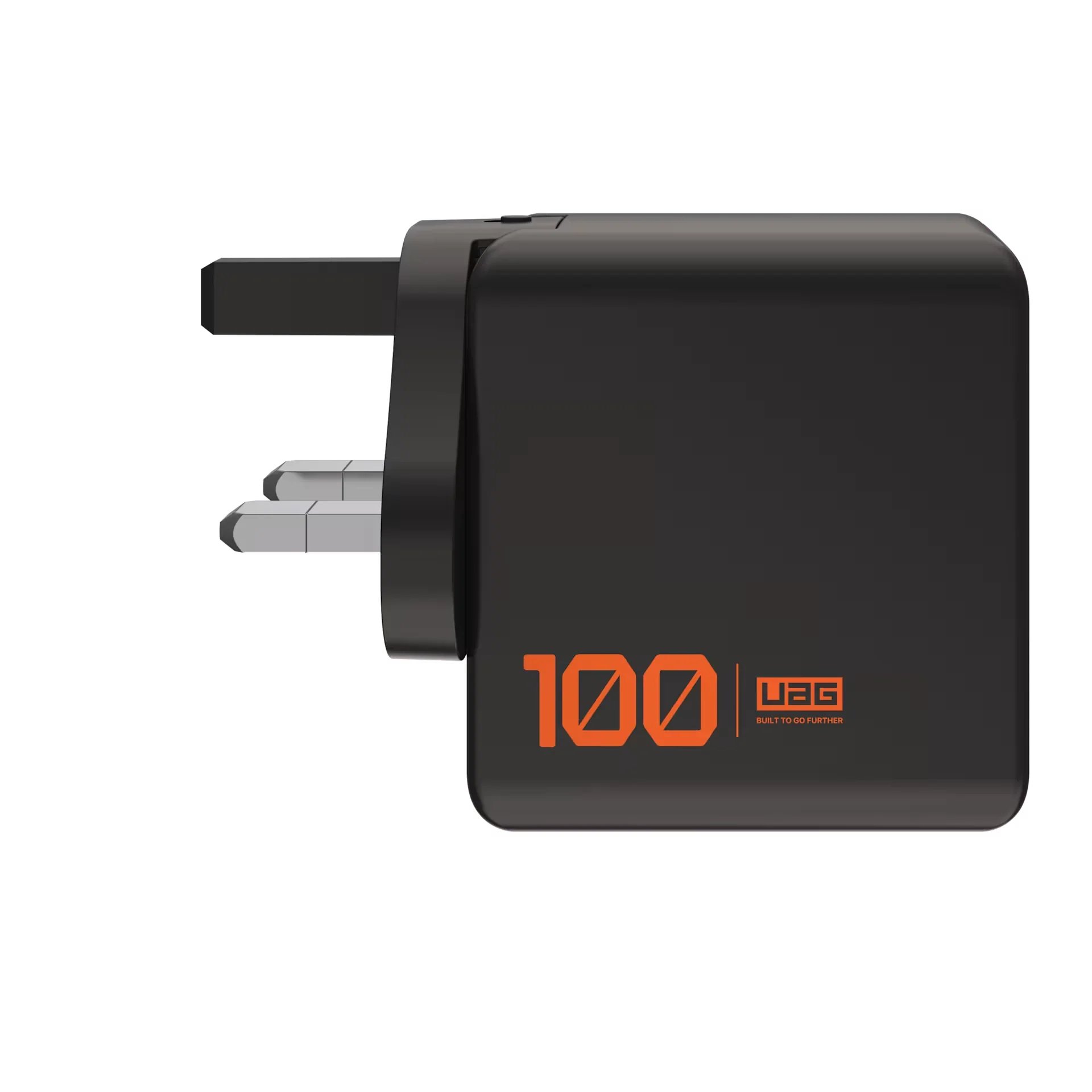 Czarna ładowarka UAG 100W z pomarańczowym logo, idealna do home office i desk setupu