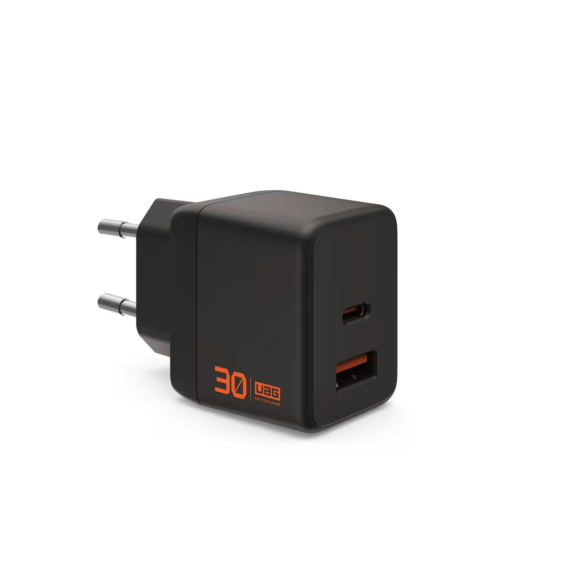 Czarna ładowarka USB-C 30W z portami USB-A i USB-C, idealna do home office