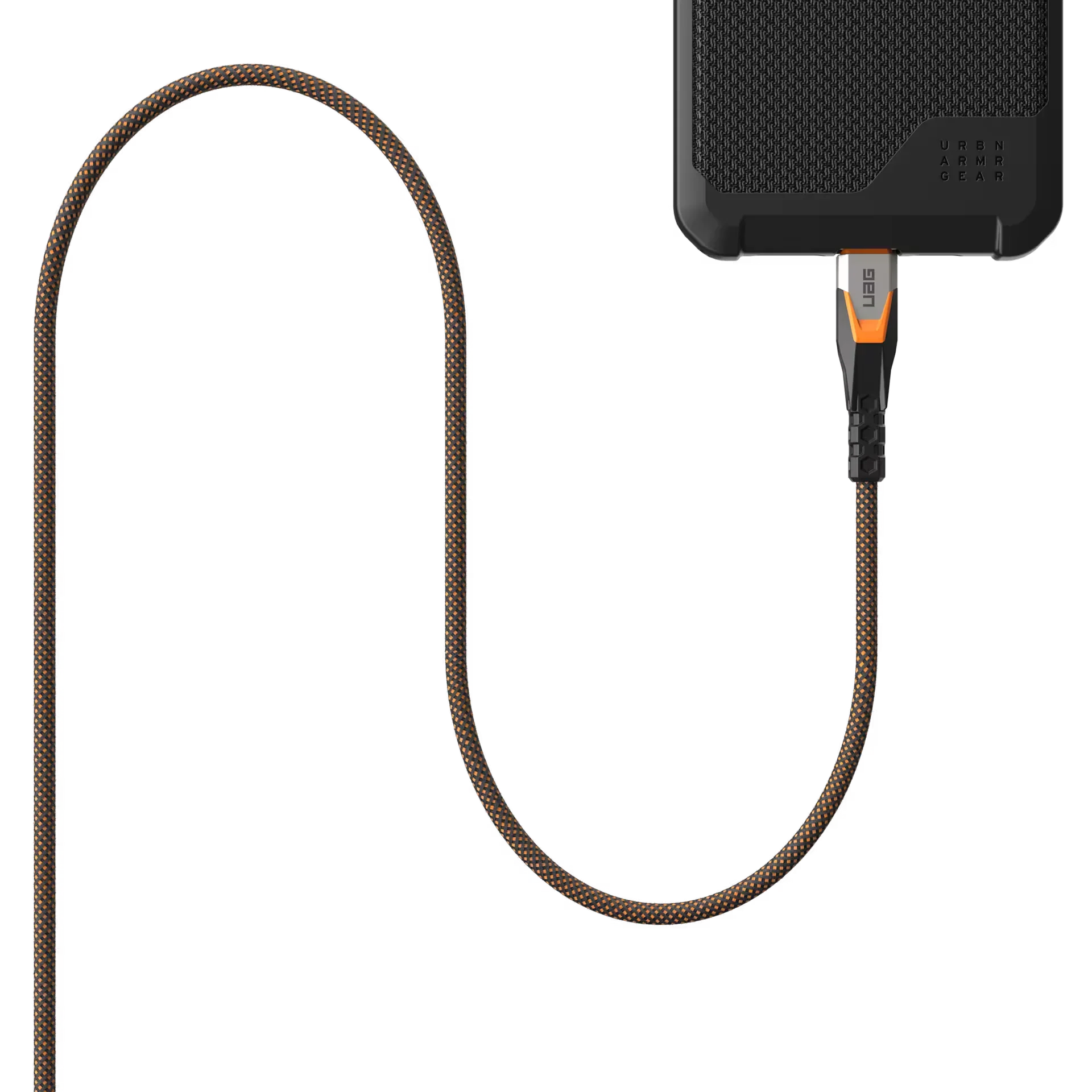 Czarno-pomarańczowy kabel USB-C z tkaniną do ładowarki UAG, idealny do setupu biurowego i home office.