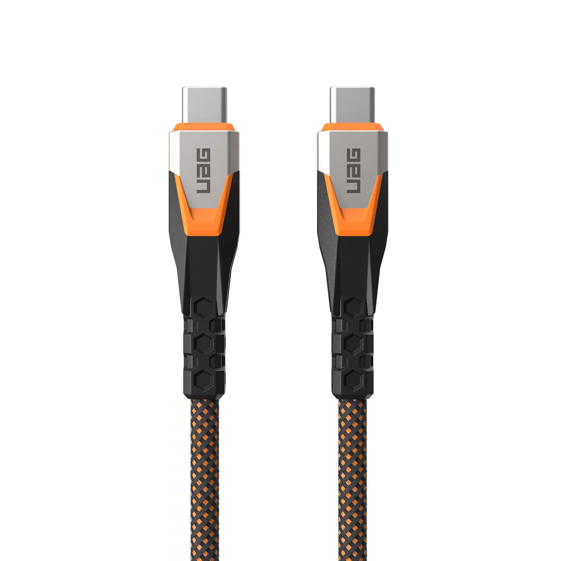 Kabel USB-C do USB-C z przewodem w plecionce czarno-pomarańczowej, idealny do ładowania i synchronizacji urządzeń w Home Office.
