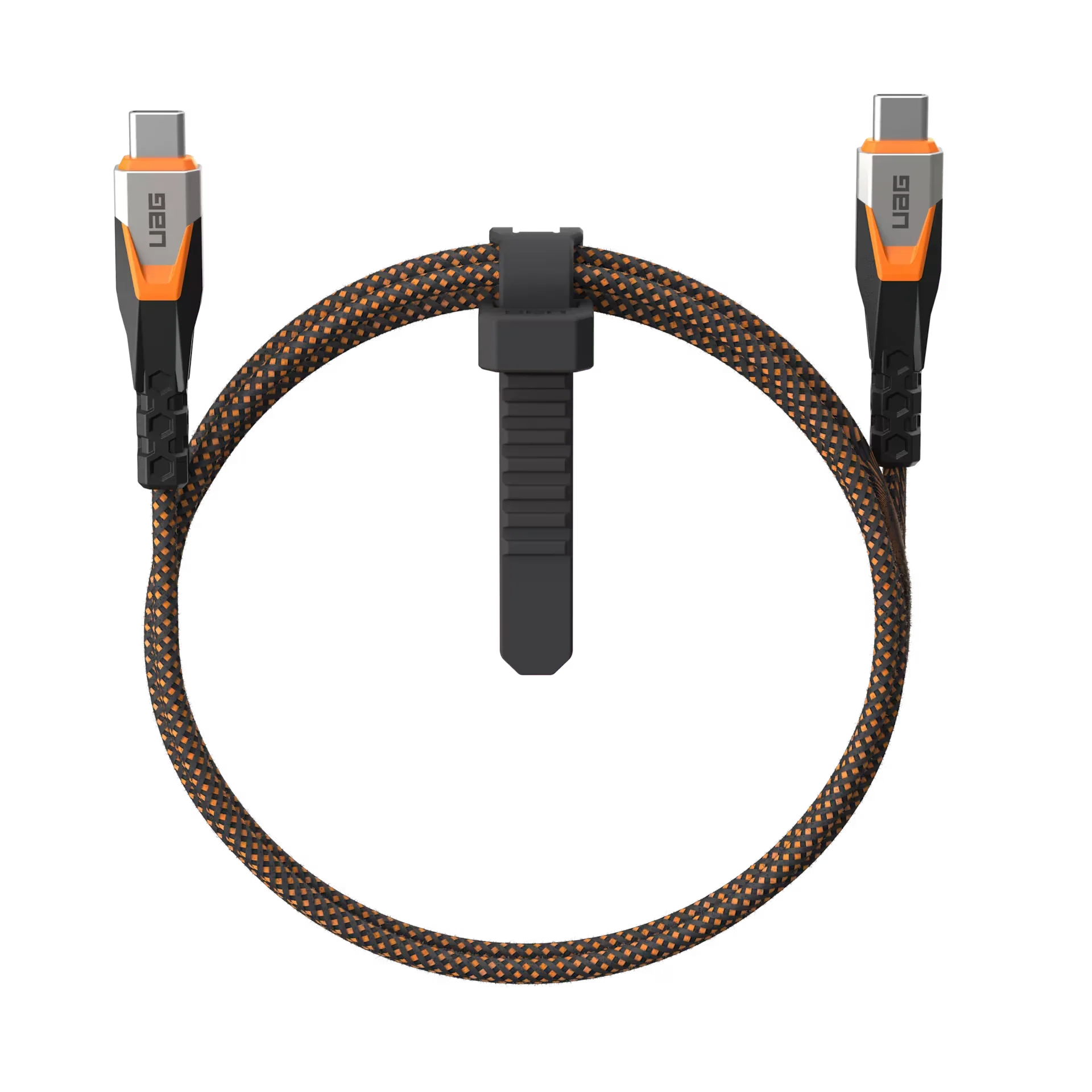 Kabel USB-C do USB-C UAG, czarno-pomarańczowy, z plecioną osłoną, idealny do ładowania i transferu danych w Home Office.
