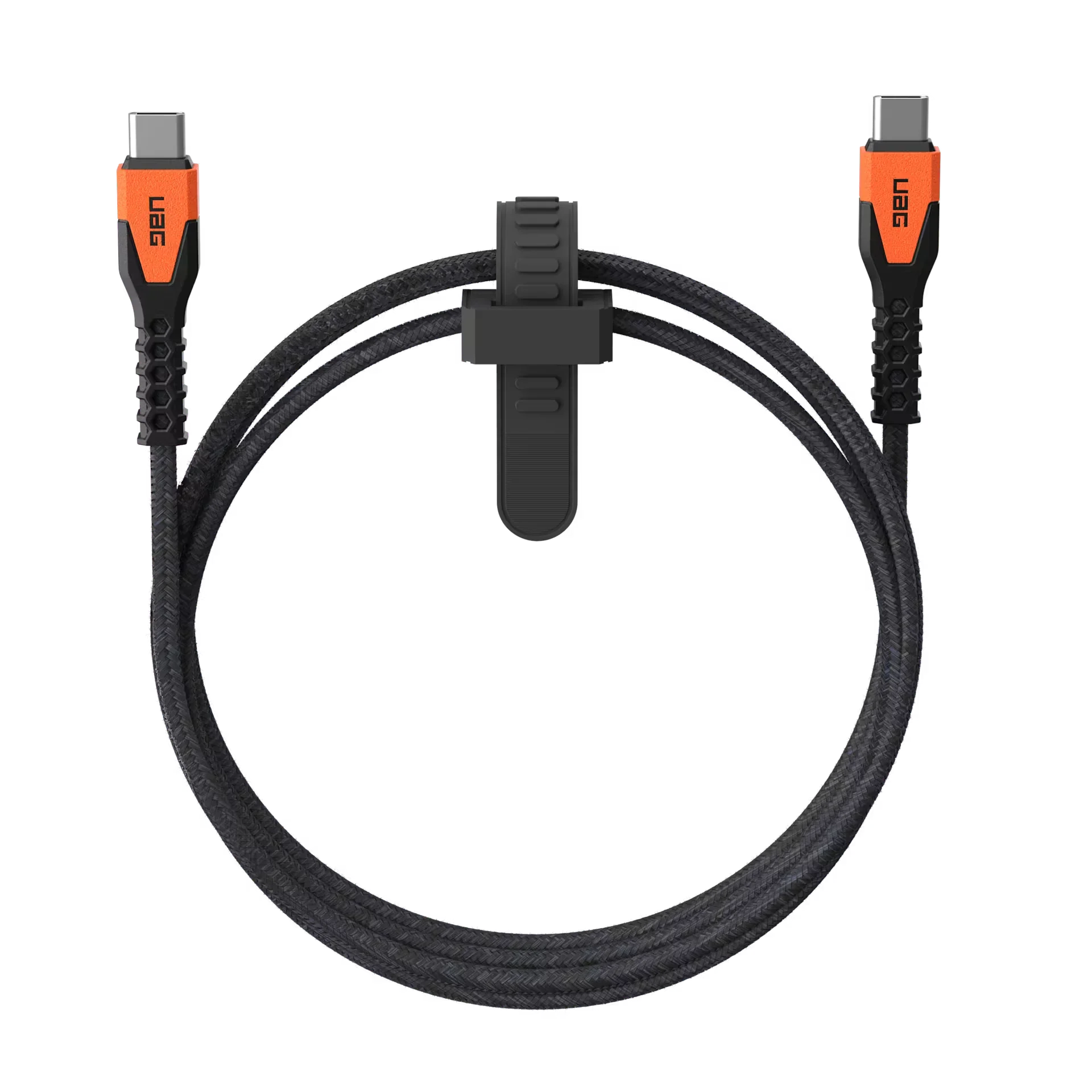 Czarny, pleciony kabel USB-C z pomarańczowymi końcówkami UAG, idealny do ładowania i synchronizacji urządzeń w Home Office.