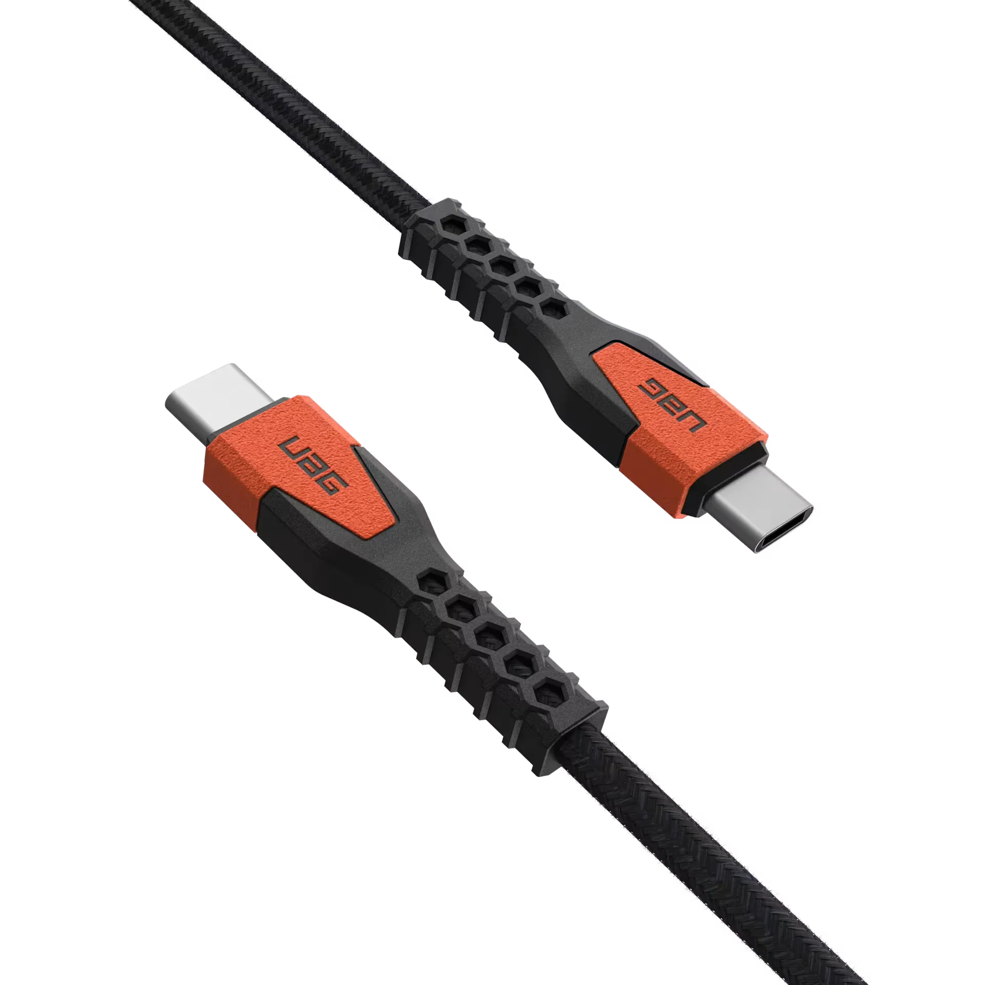Czarny kabel USB-C z pomarańczowymi końcówkami UBG, idealny do ładowania i synchronizacji urządzeń w Home Office