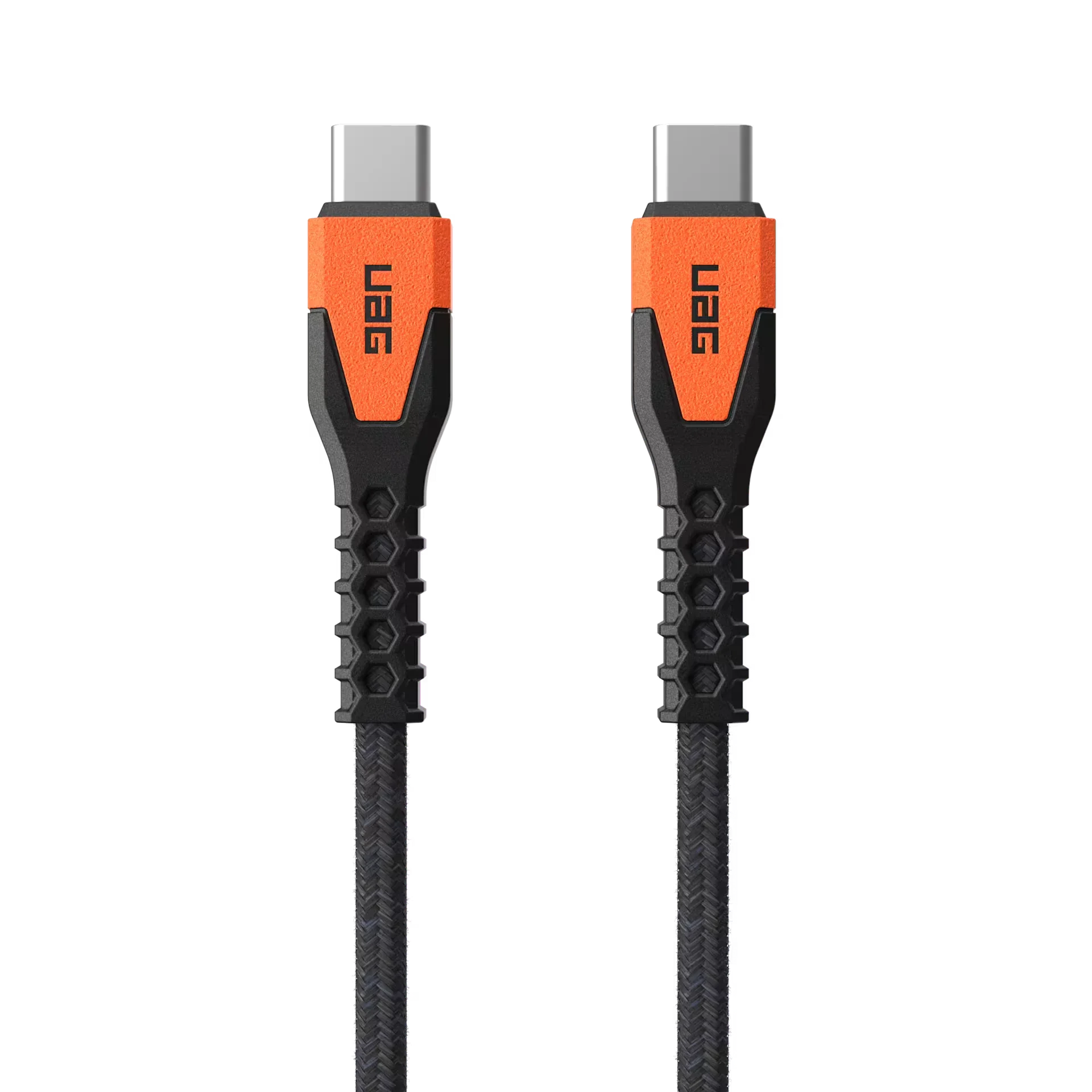 Kabel USB-C z pomarańczowymi końcówkami i czarną osłoną, idealny do ładowania i synchronizacji urządzeń w Home Office.